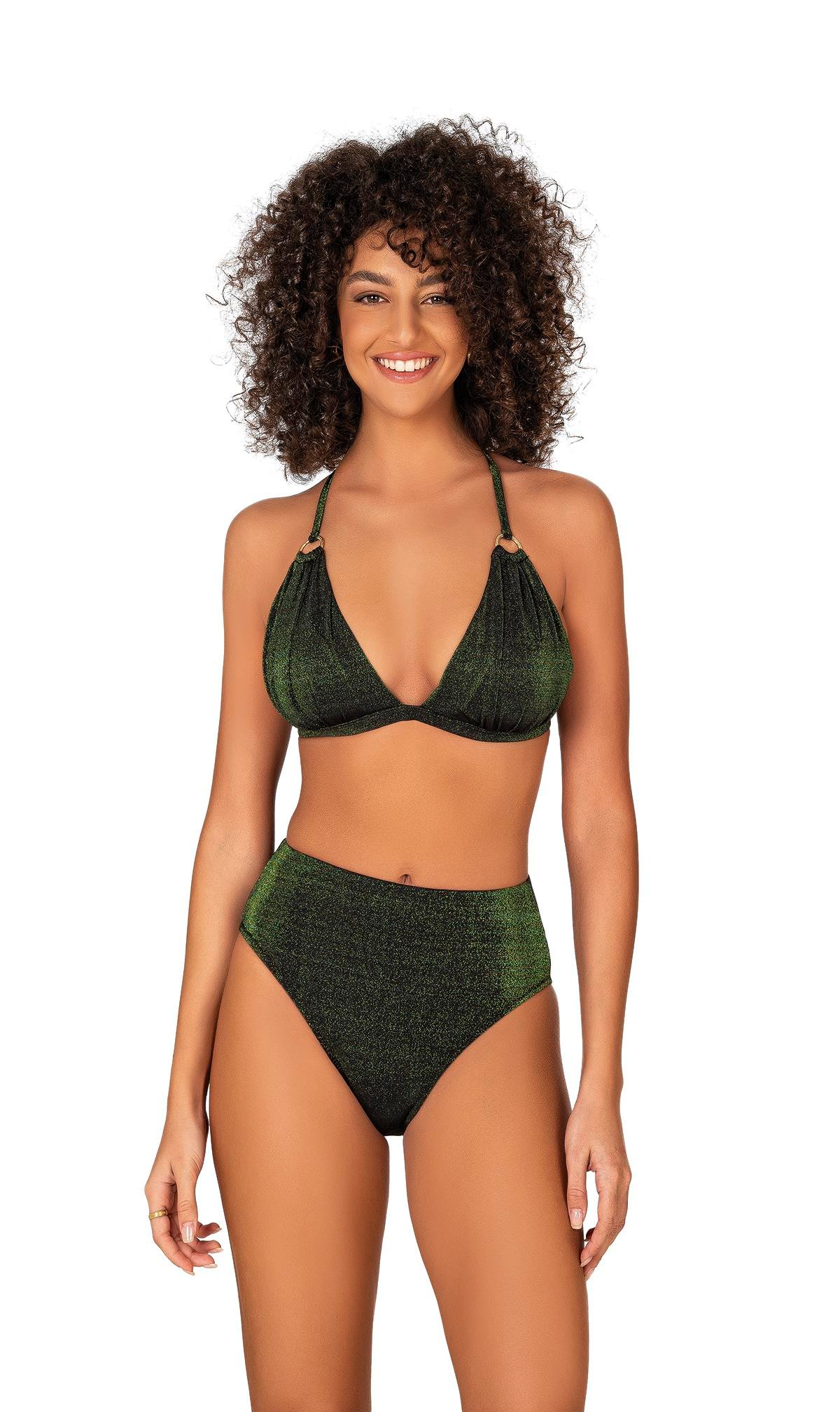 Endeep Kadın Halka Aksesuarlı Yüksel Bel Simli Bikini Takımı