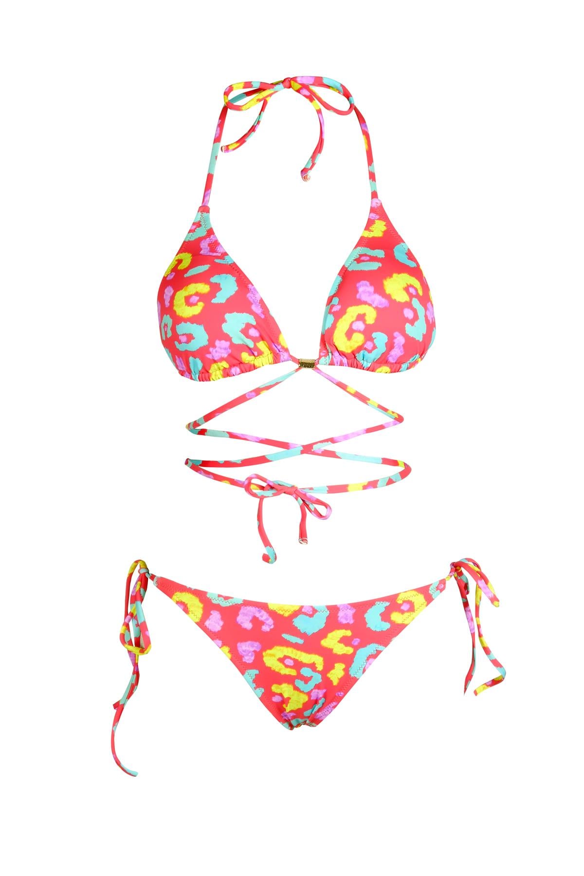 Beria Kadın Çapraz Bağlama Detaylı Üçgen İpli Pembe Desenli Bikini Takımı