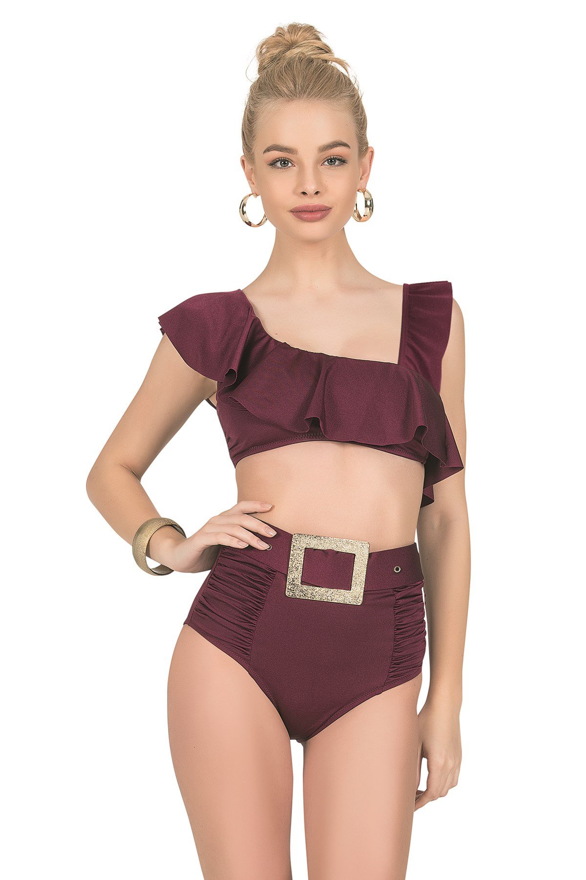 Volanlı Aksesuar Detaylı Yüksek Bel Bordo Bikini Takımı