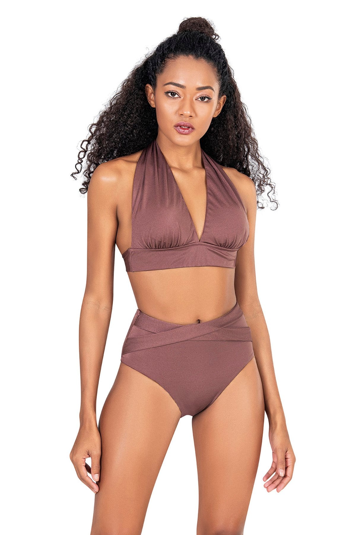 Endeep Kadın Yüksek Bel Gül Kurusu Bikini Takımı