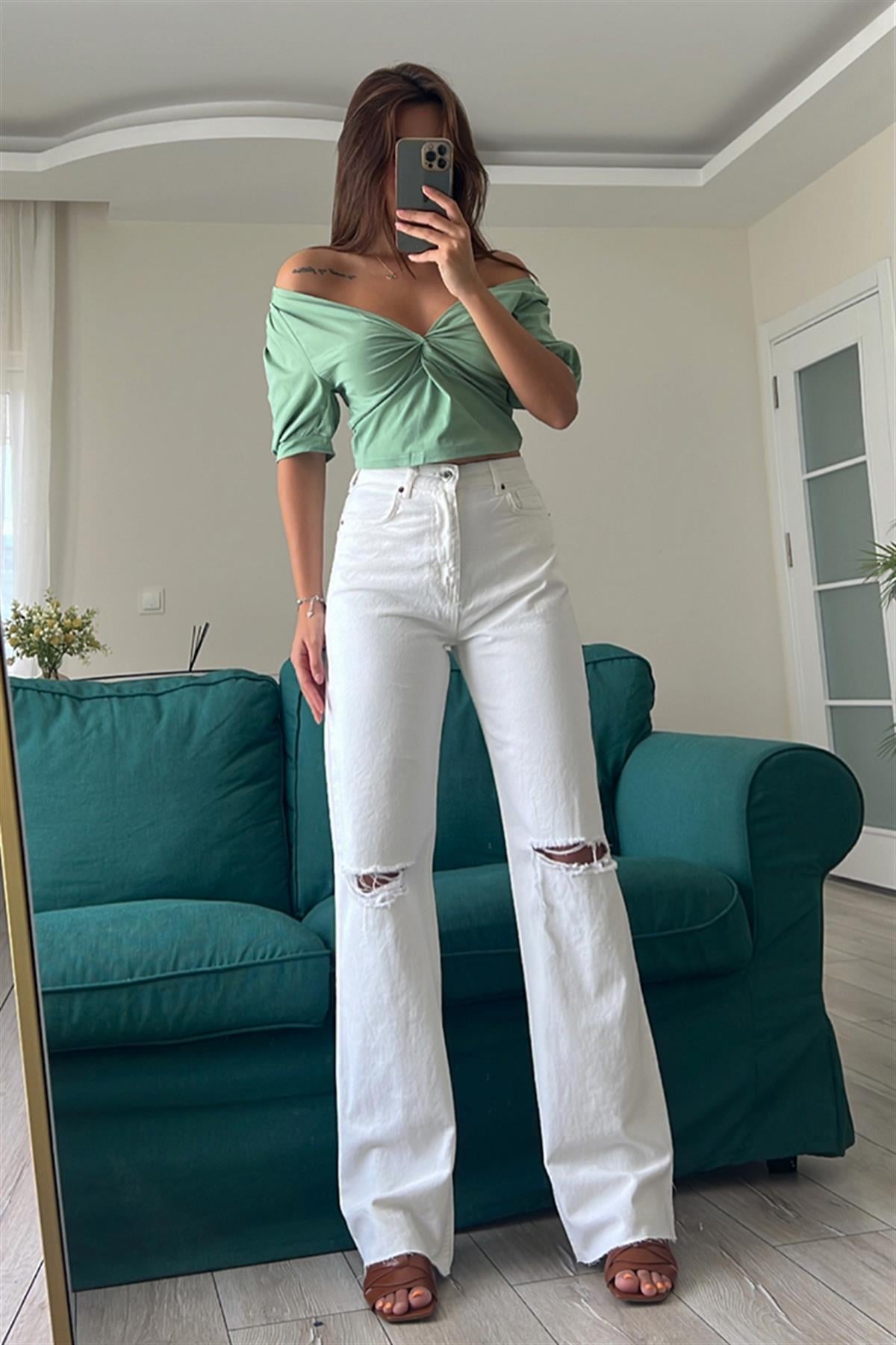 BEYAZ YIRTIK FIT JEAN