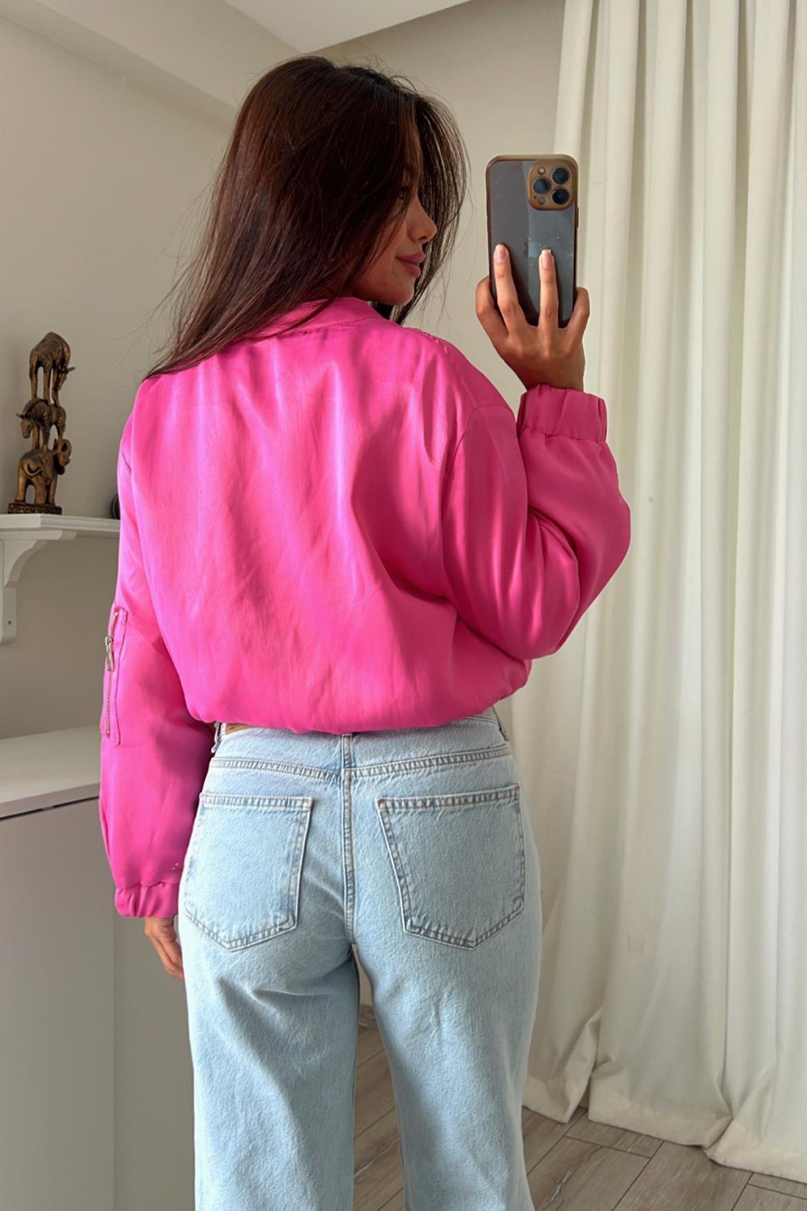 BOMBER SATEN PEMBE CEKET