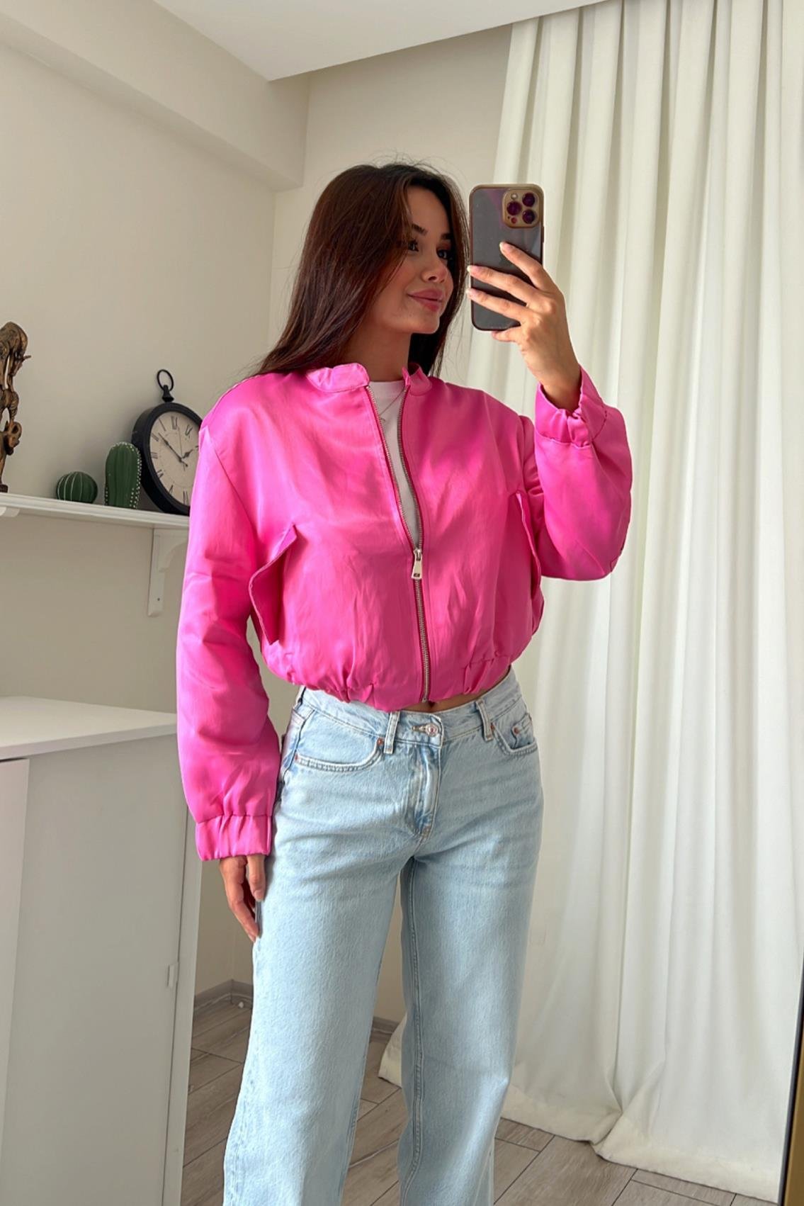 BOMBER SATEN PEMBE CEKET