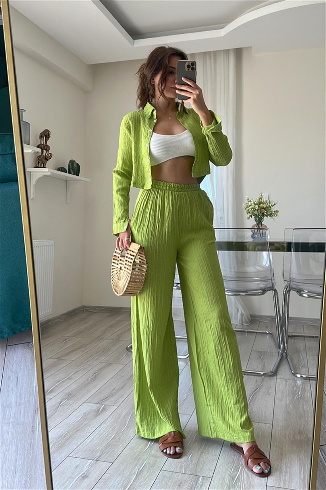 GOFRELİ CROP GÖMLEK TAKIM