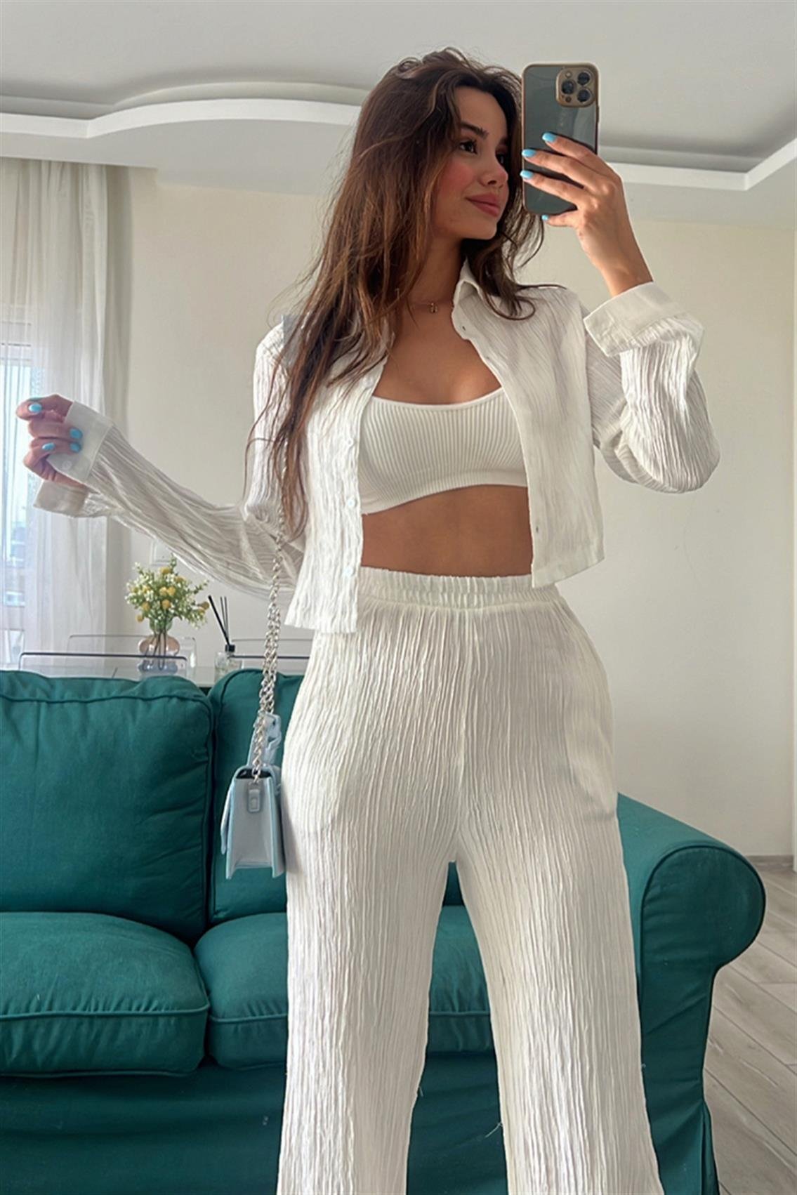GOFRELİ CROP GÖMLEK TAKIM