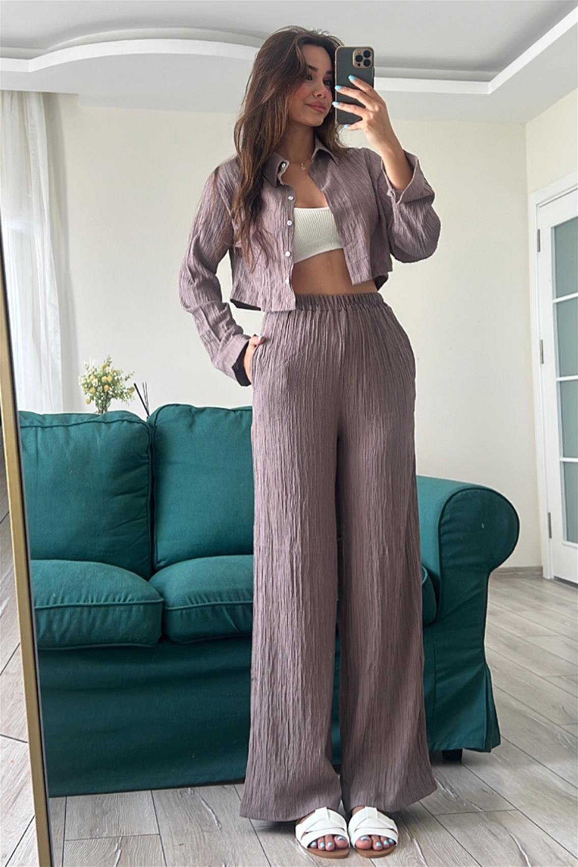 GOFRELİ CROP GÖMLEK TAKIM