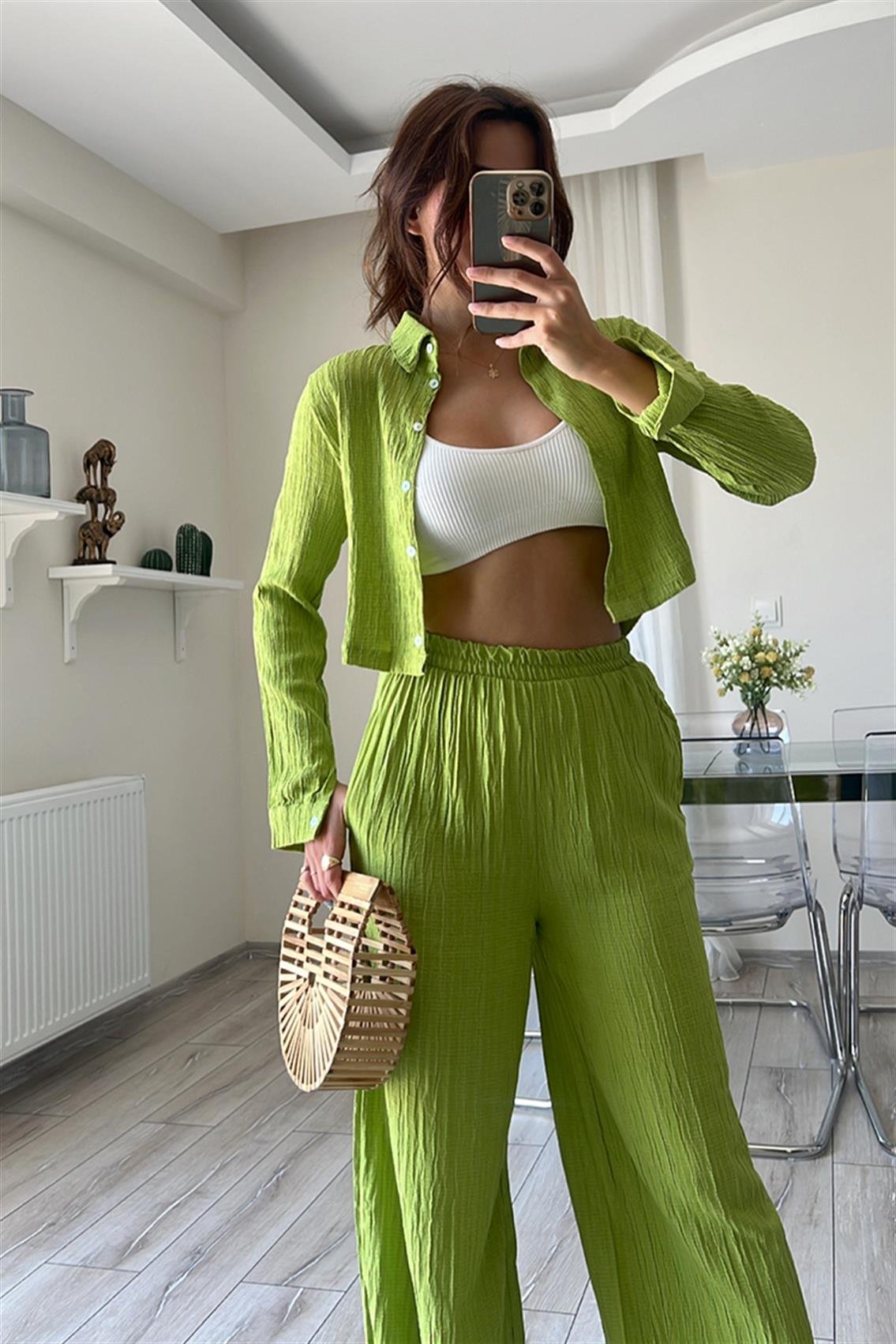 GOFRELİ CROP GÖMLEK TAKIM