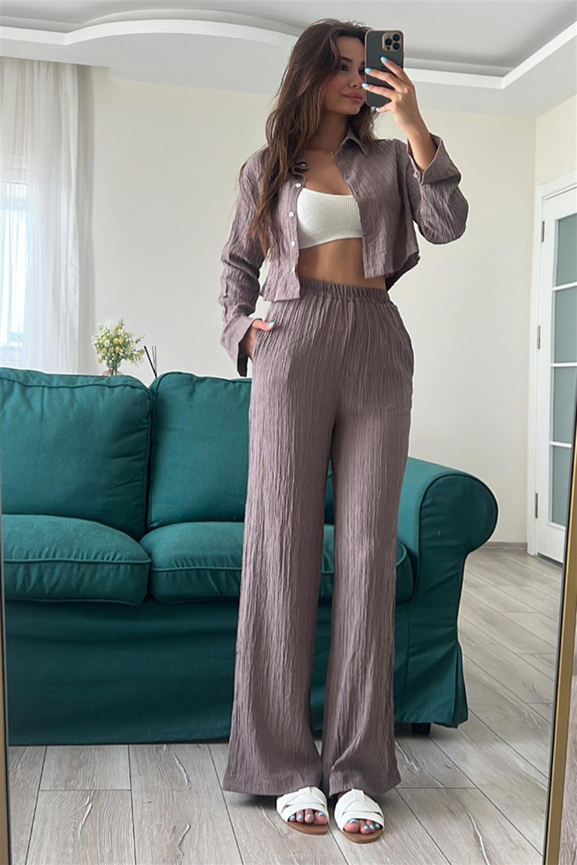 GOFRELİ CROP GÖMLEK TAKIM