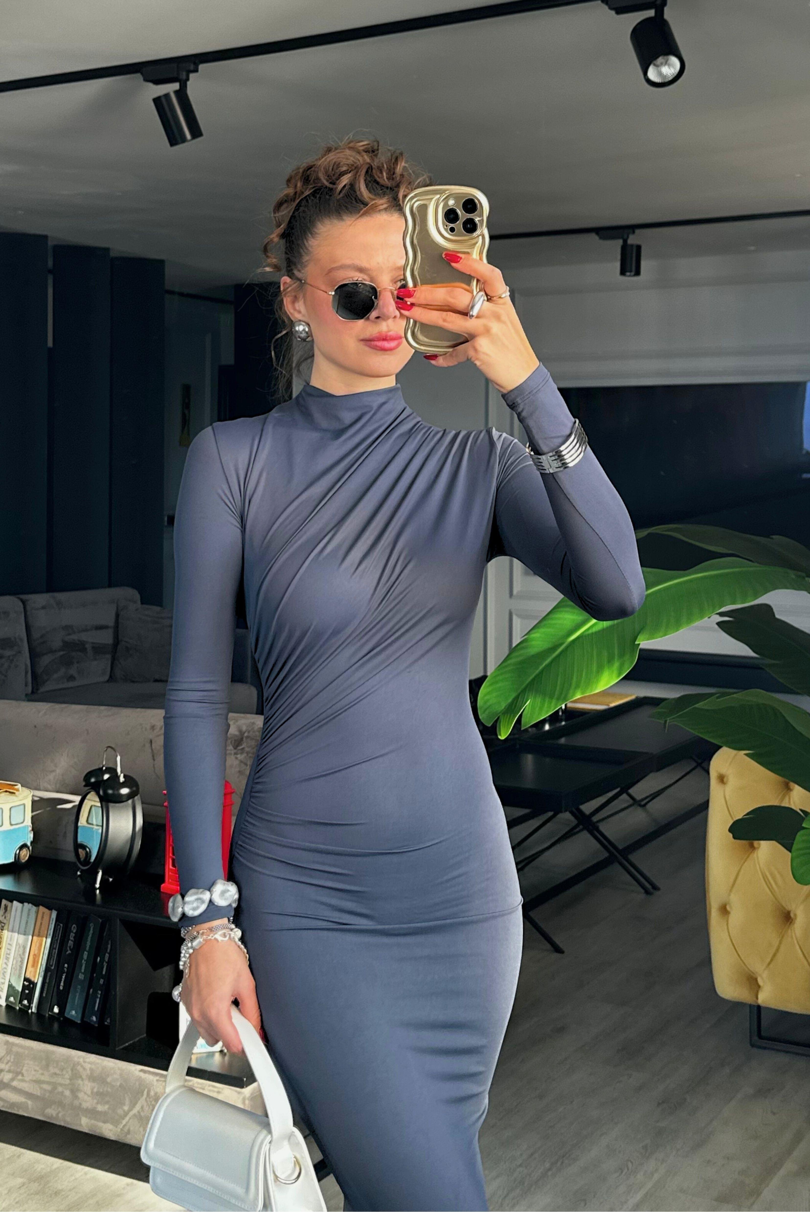 LENA DRAPELİ GRİ ELBİSE