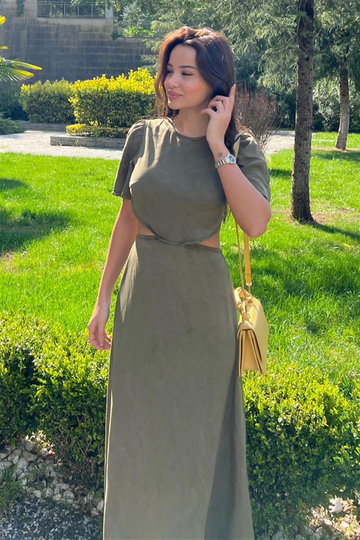 MANGO UZUN SIRT DEKOLTELİ YEŞİL ELBİSE