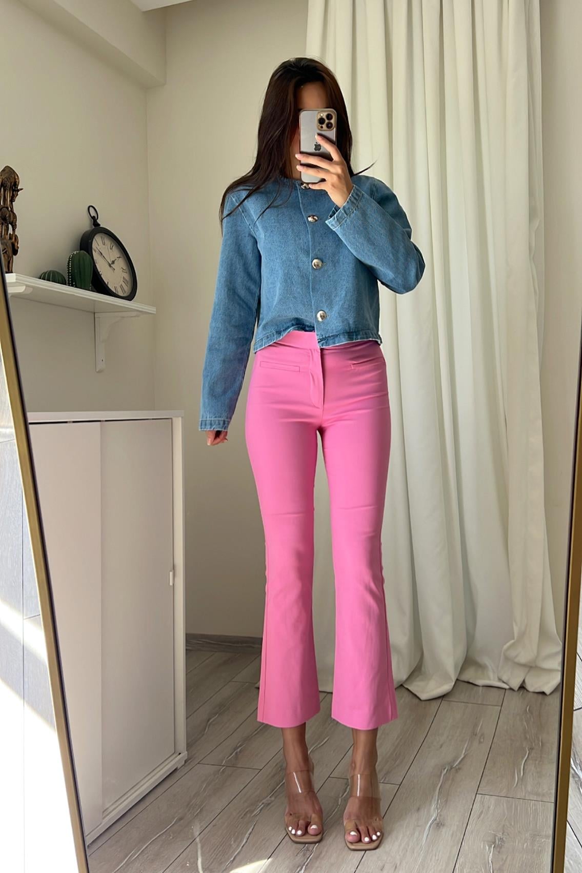 PEMBE CEP DETAYLI  MİDİ İSPANYOL PANTOLON