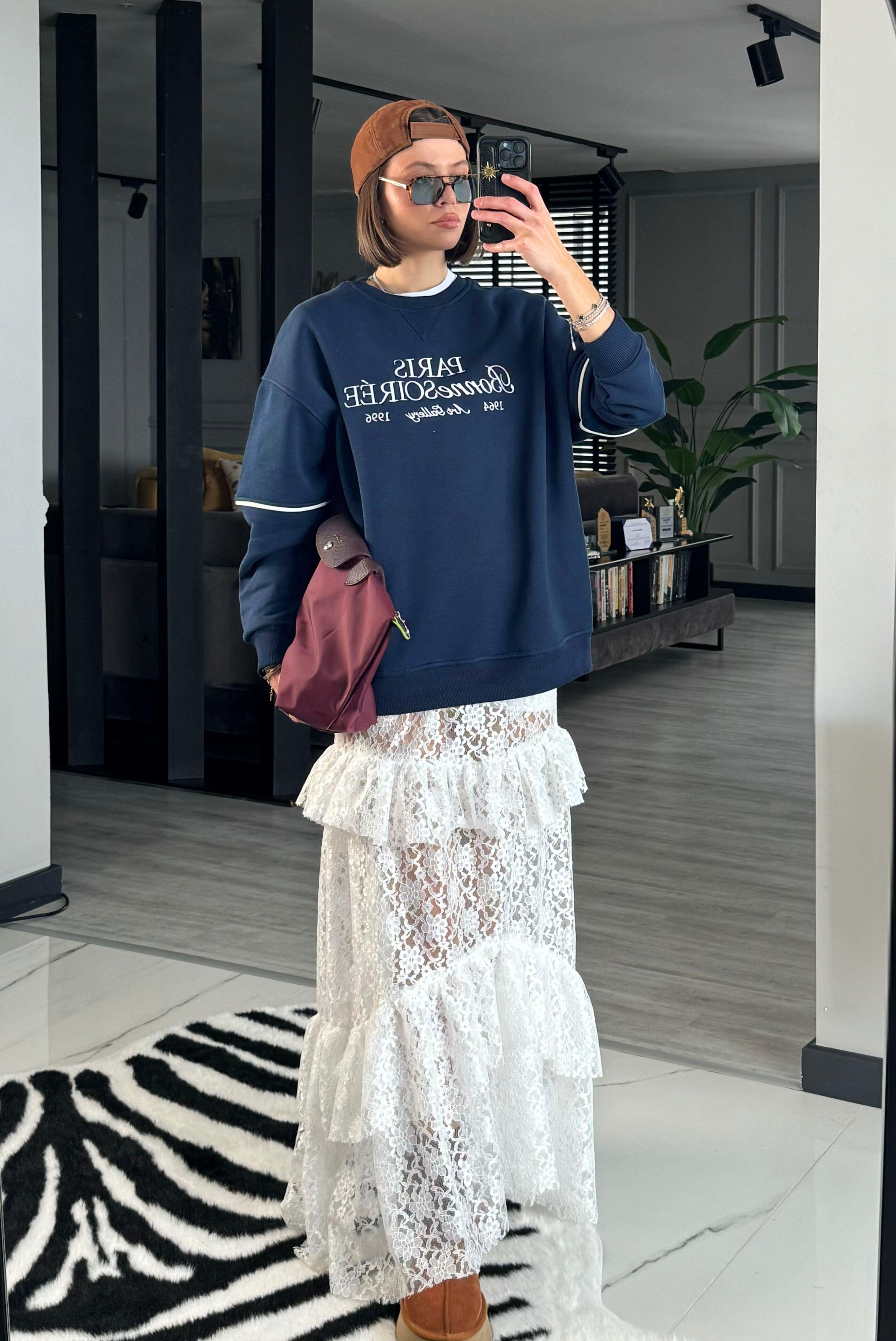 ŞARDONLU OVERSİZE LACİVERT SWEAT