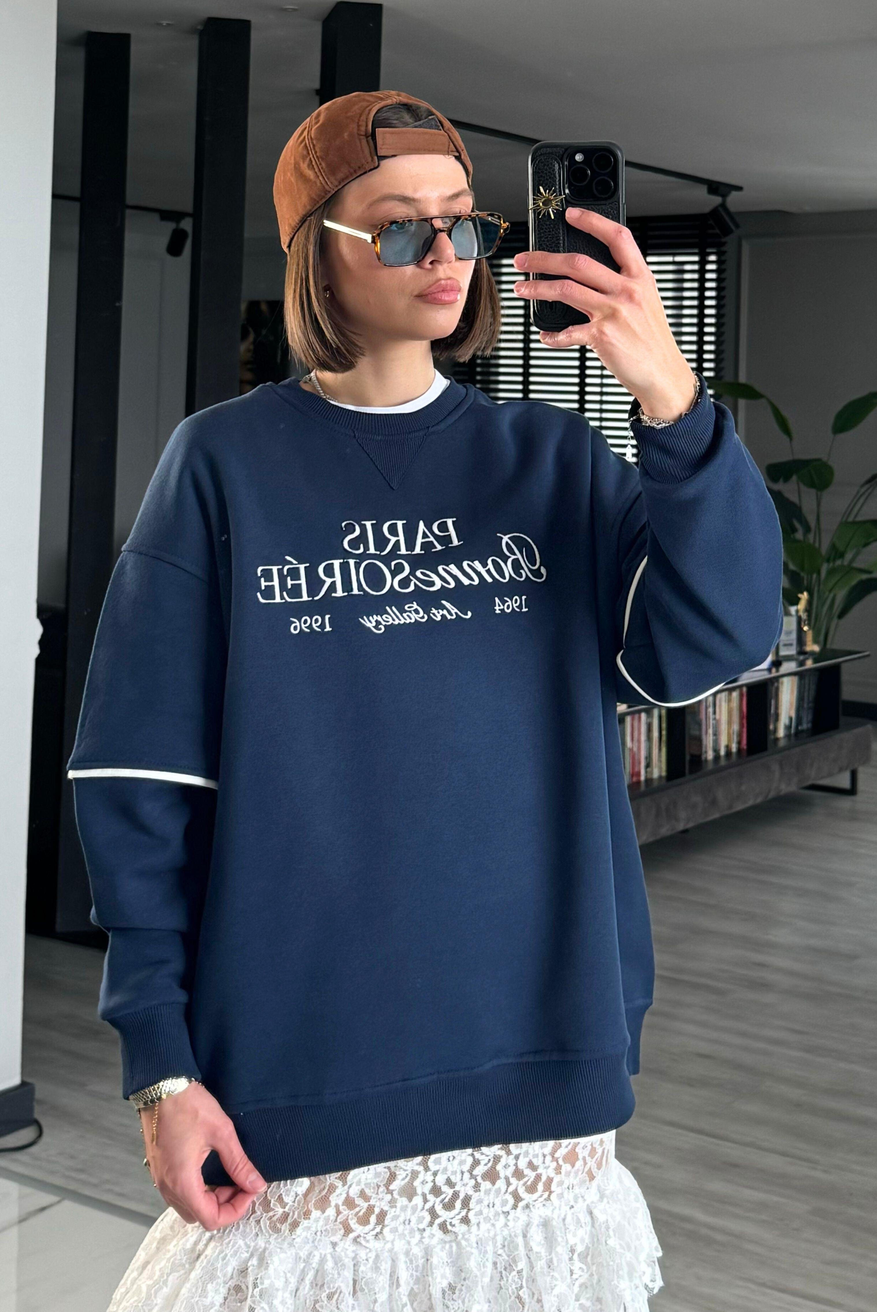 ŞARDONLU OVERSİZE LACİVERT SWEAT