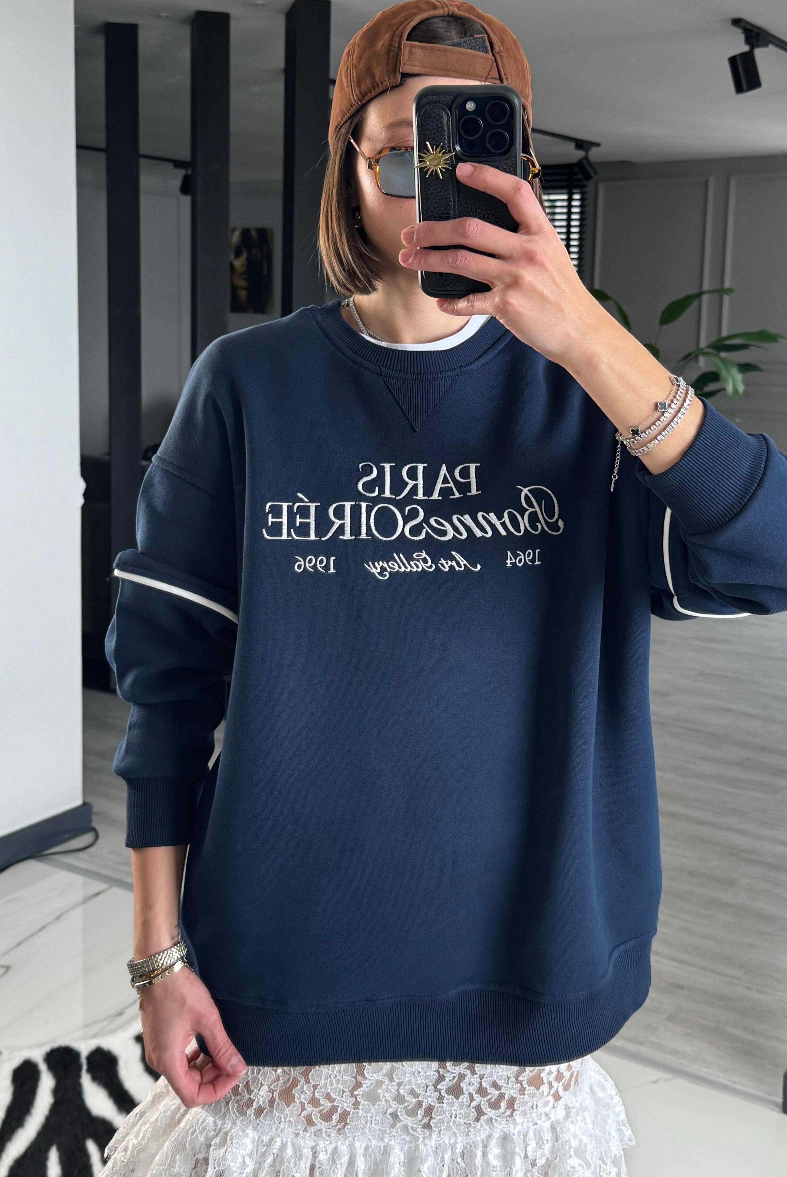 ŞARDONLU OVERSİZE LACİVERT SWEAT