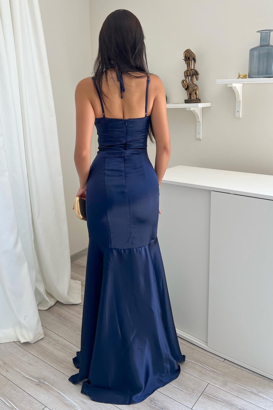 SATAEN MAXİ LACİVERT ELBİSE