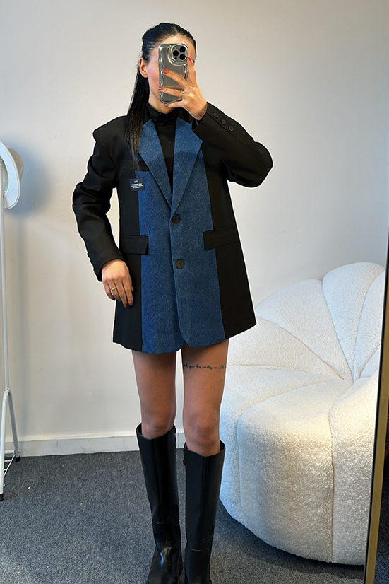 TASARIM MARKA MUADİL SİYAH JEAN DETAY VATKALI BLAZER CEKET