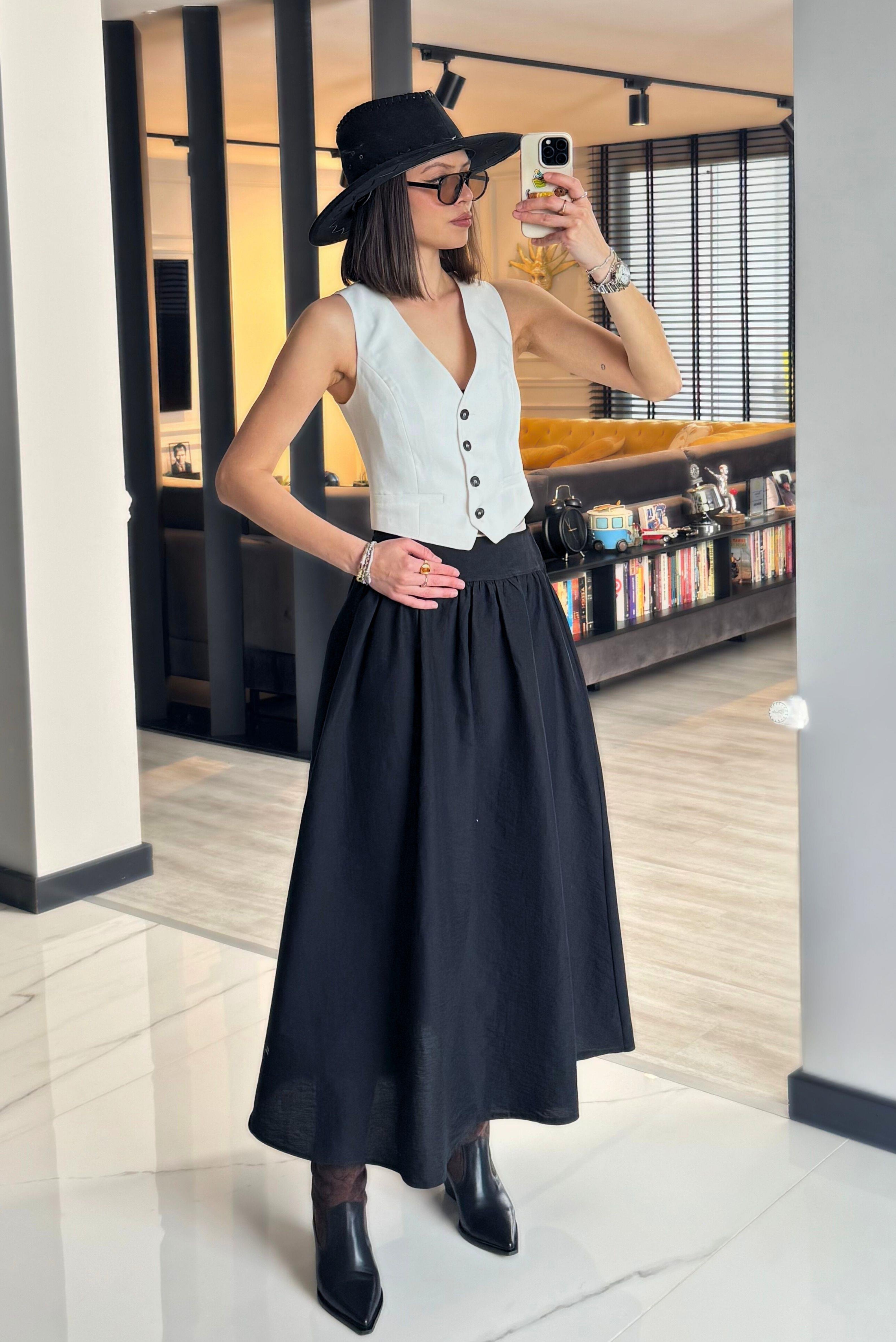 YANI FERMUARLI PİLELİ PREMIUM MİDİ  ETEK