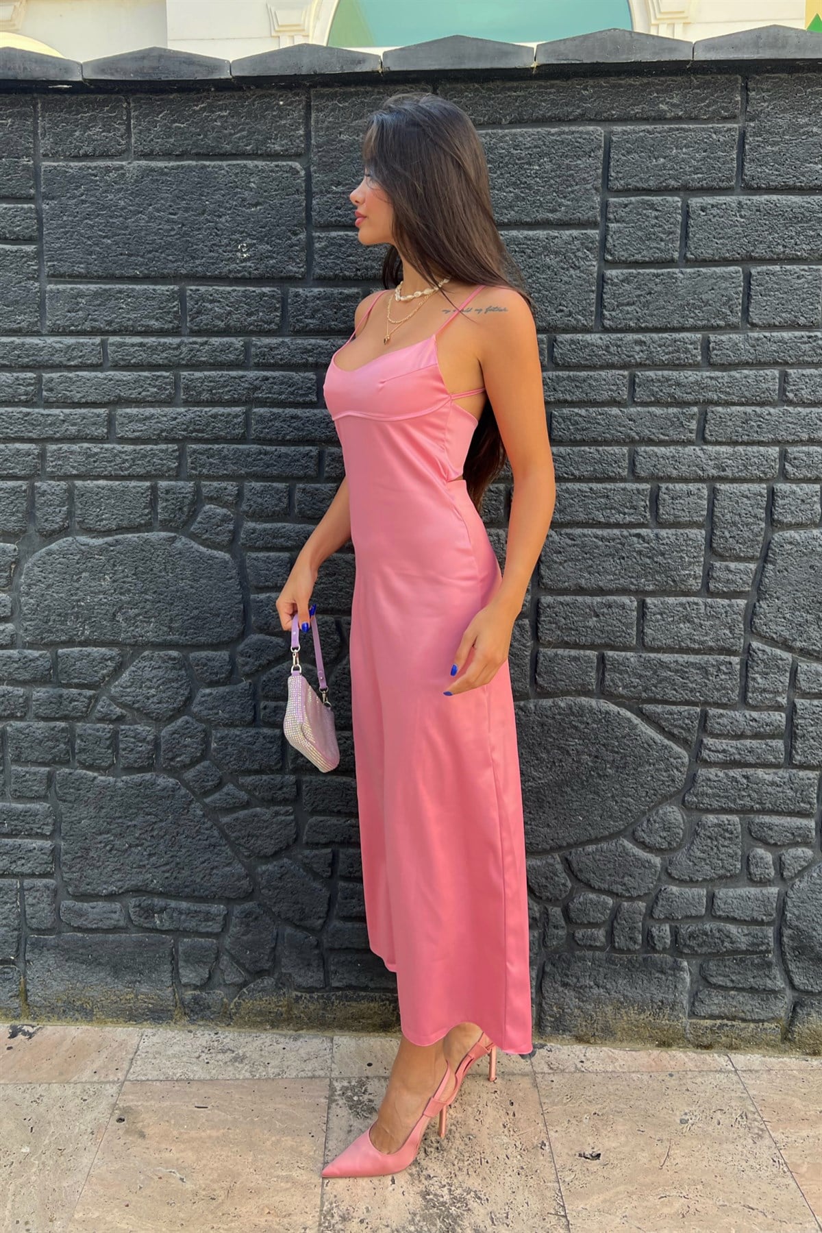 ZARA PENCERE DETAYLI SATEN ELBİSE