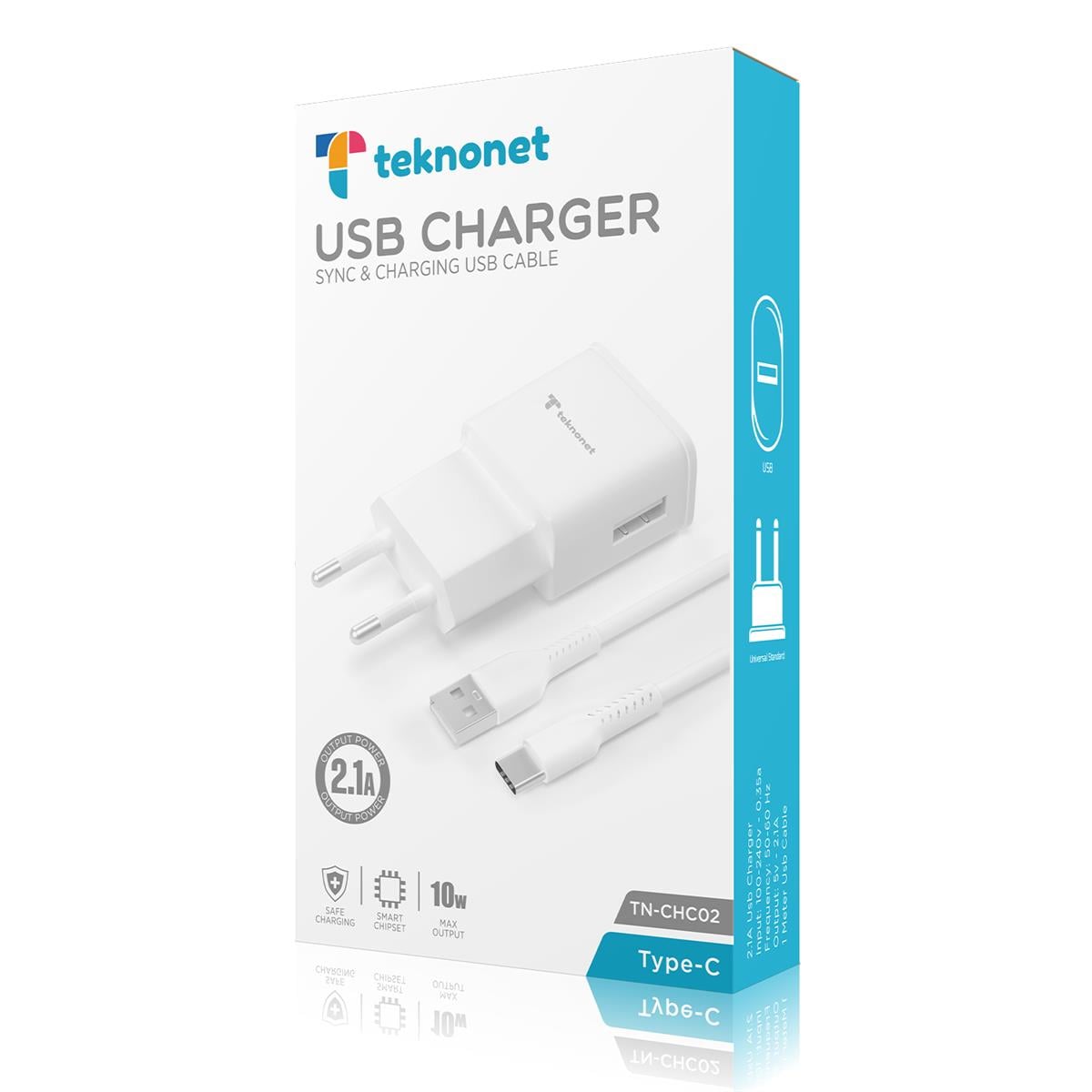 Teknonet TN-CHC02 1 Çıkışlı 2100 mAh Type-C Kablo + Şarj Aleti (Kablo Dahil)