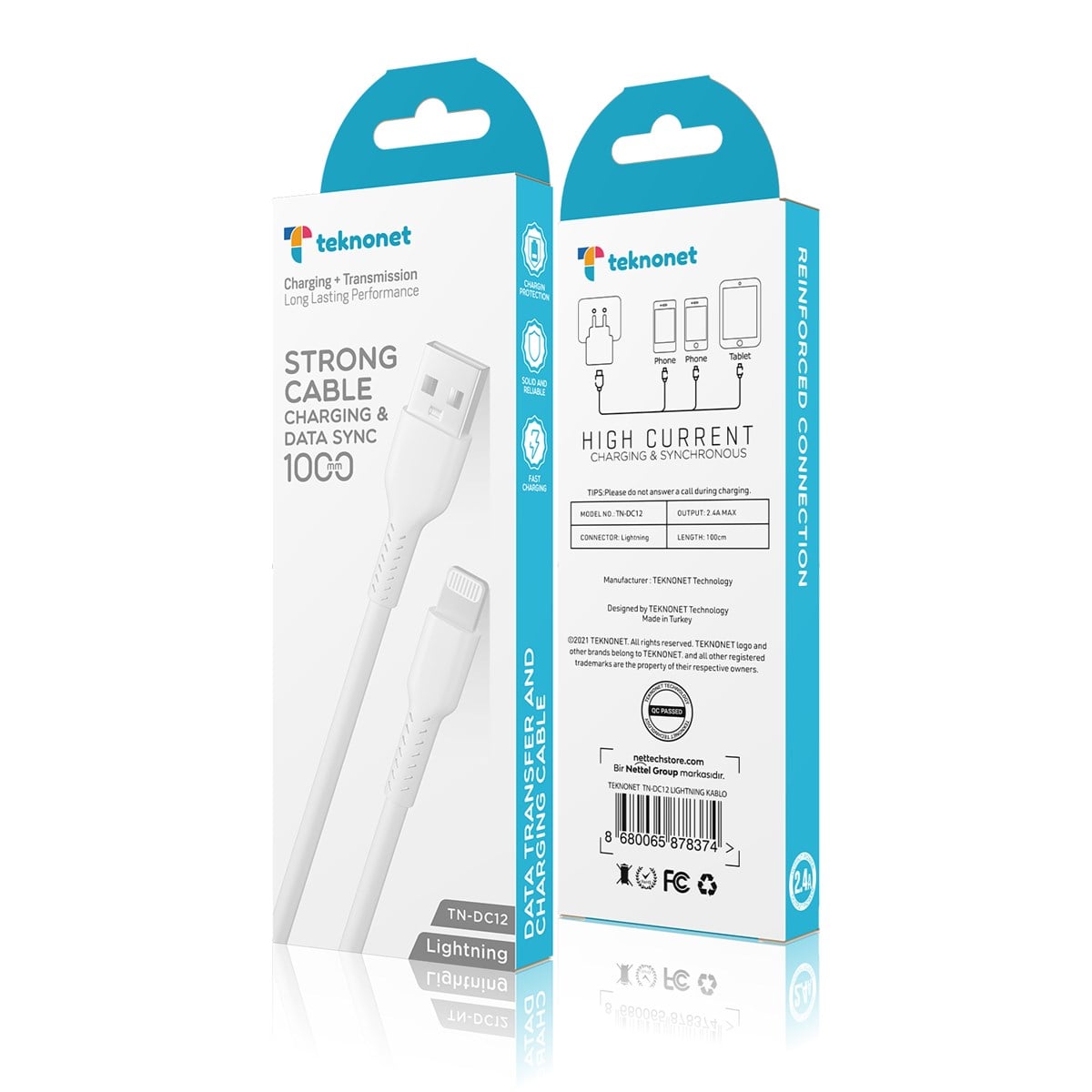 Teknonet TN-DC12 2.4A Plastik 100 Cm Lightning Şarj ve Data Kablosu