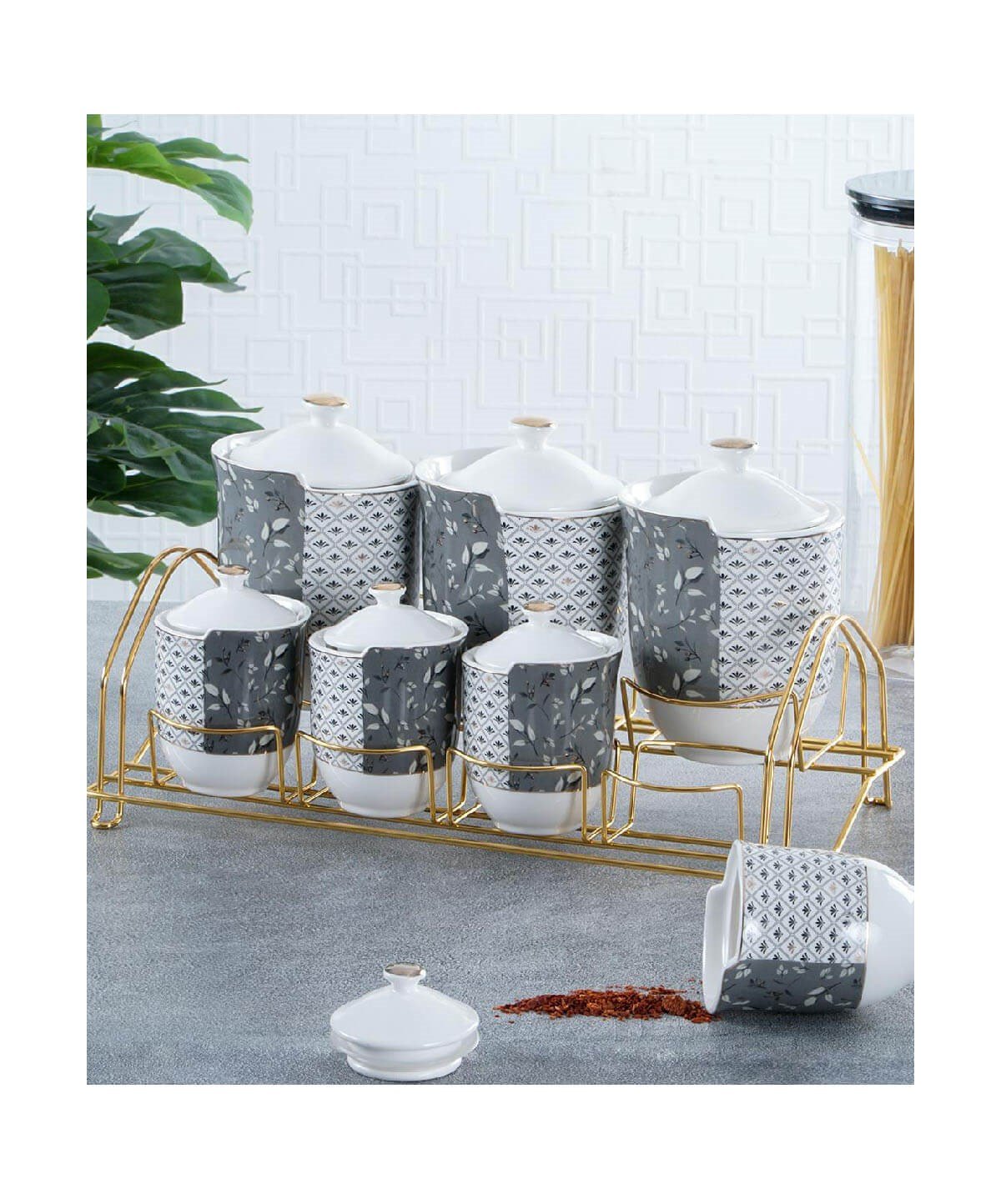 Acar Fabia 7li Metal Standlı Porselen Baharat Takımı GriAcarBaharatlık