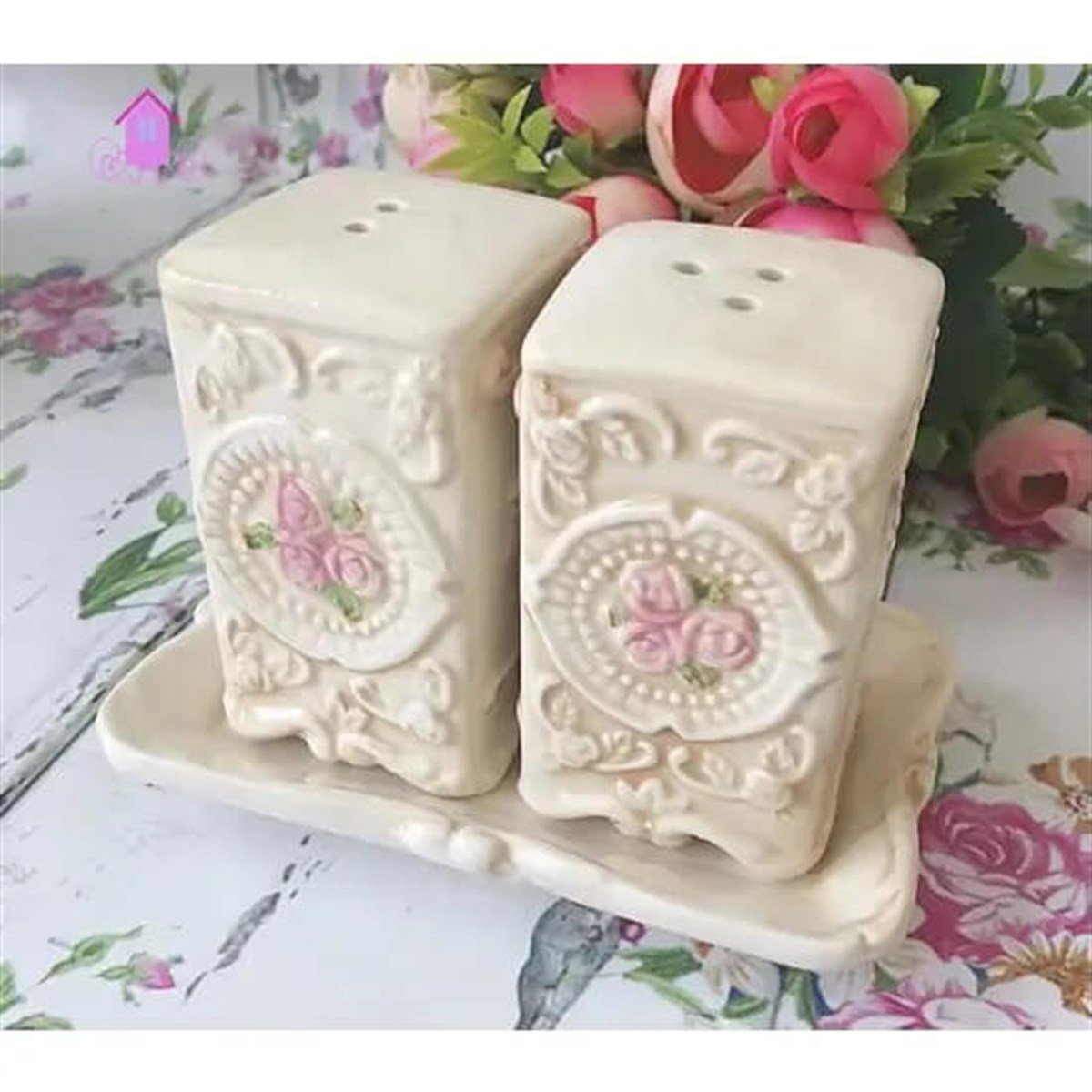 Acar Güllü Vintage Seri Standlı Porselen Tuzluk-BiberlikAcarServis & Sunum Ürünleri