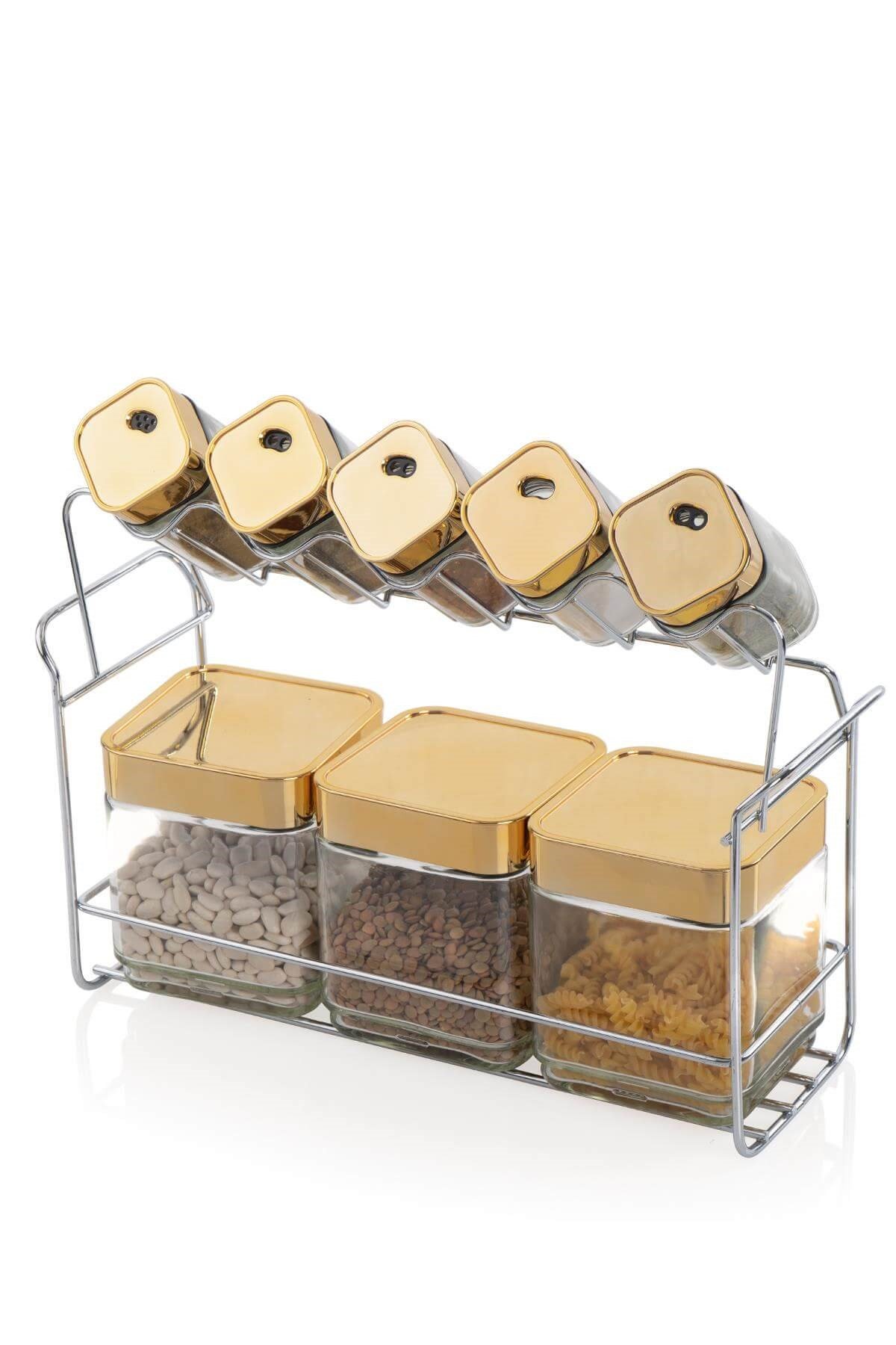 Acar Home Alya 8'Li Metal Standlı Kare Cam Baharat Seti - GoldAcarBaharatlık