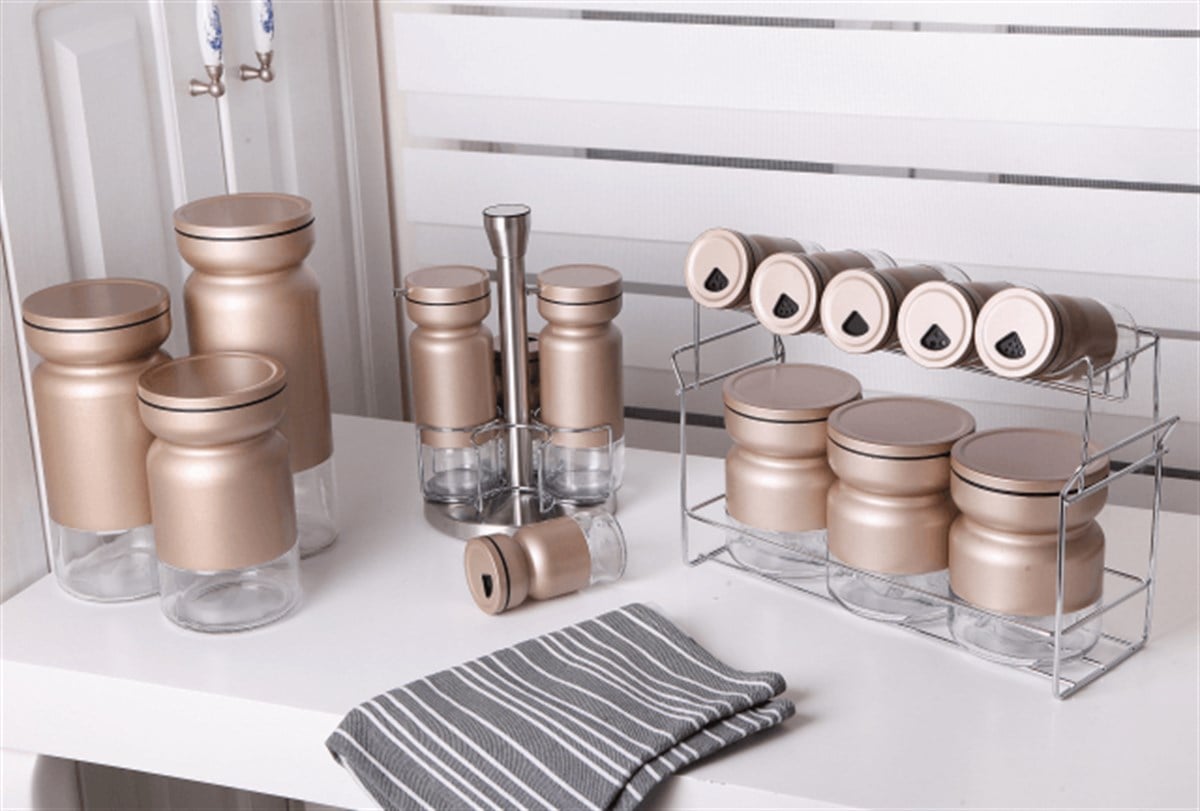 Gönül 17 Parça Bej Renk Cam Metal Baharat Takımı VBL-2135GönülBaharatlık