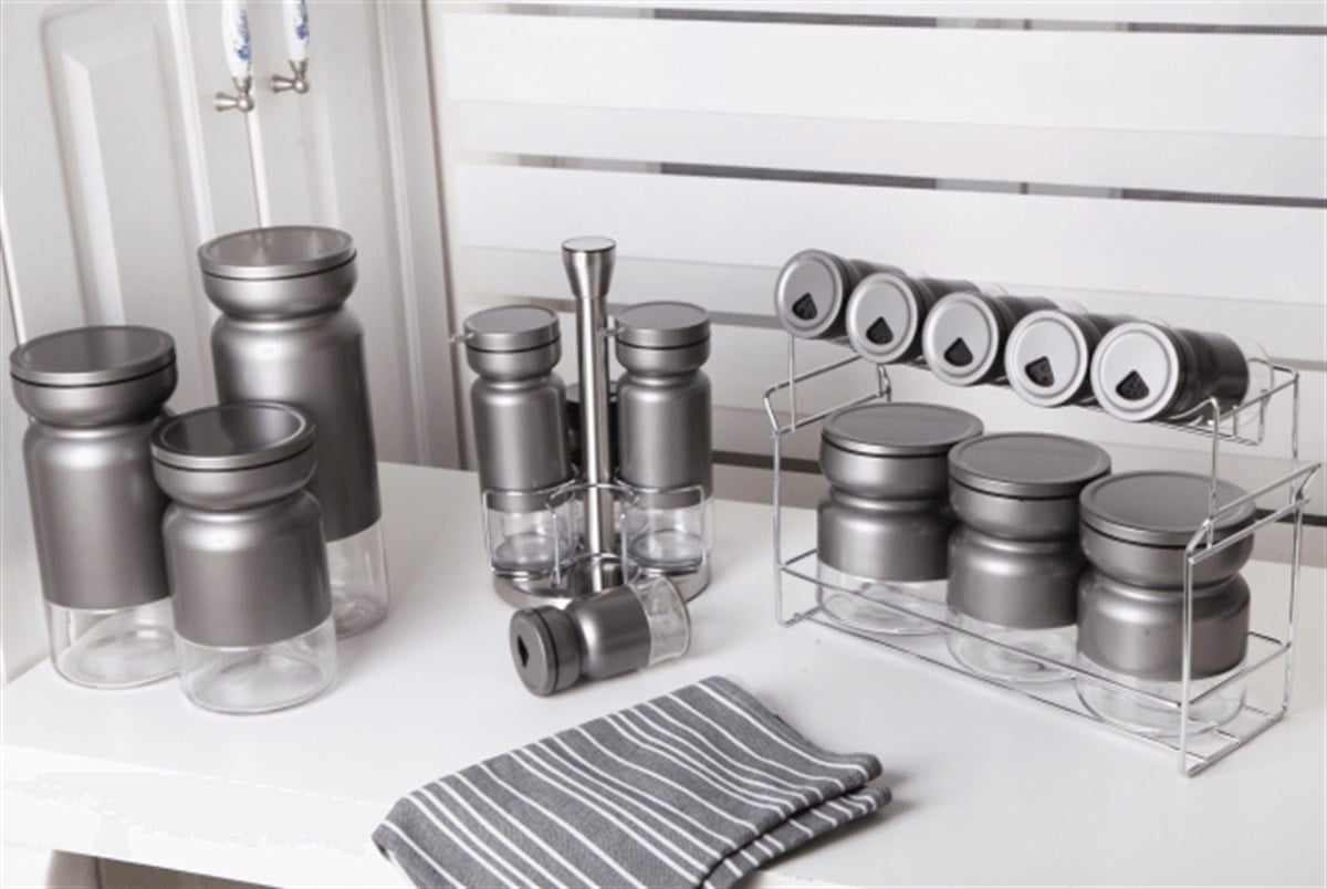 Gönül 17 Parça Gri Renk Cam Metal Baharat Takımı VBL-2136GönülBaharatlık