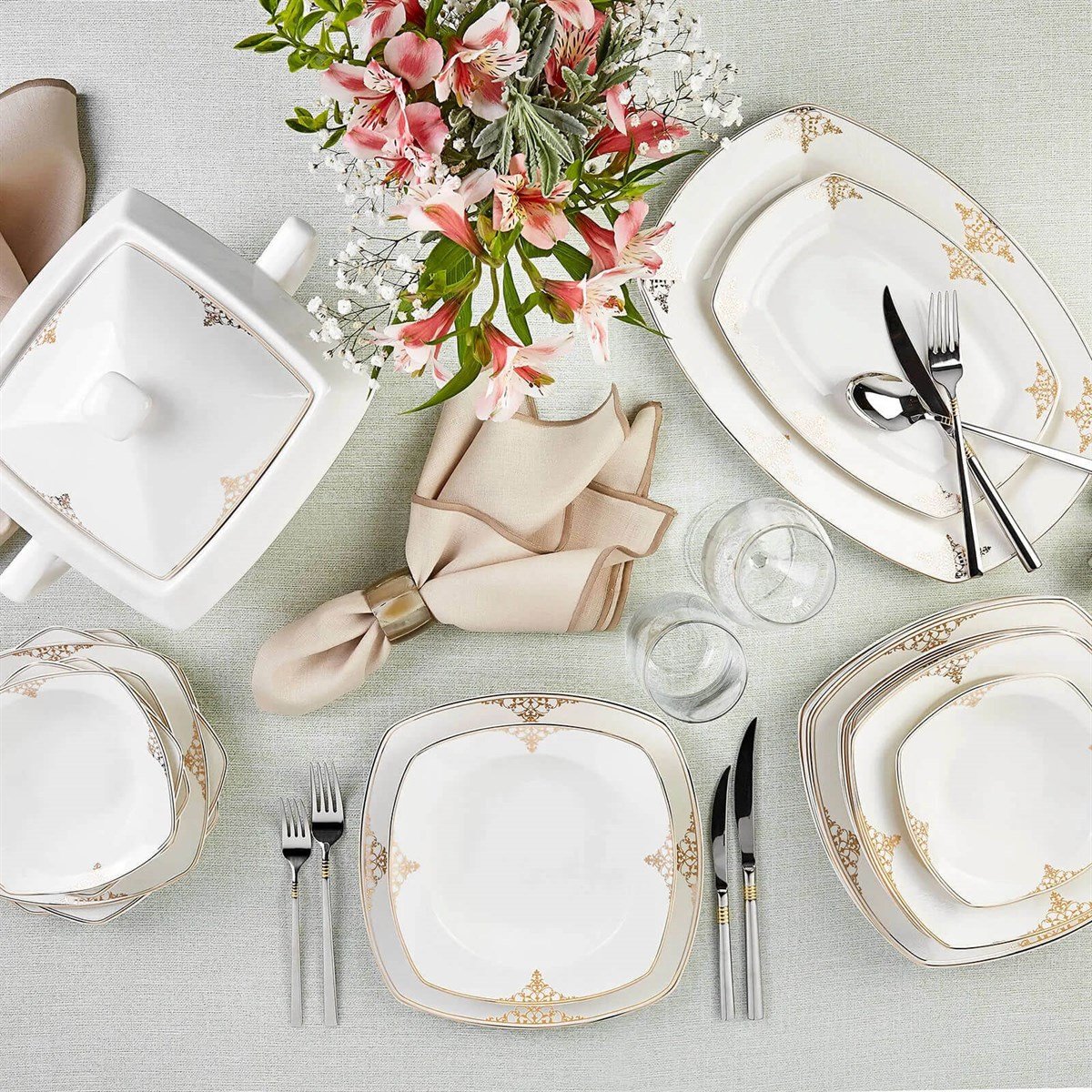 Karaca Milena Gold 60 Parça 12 Kişilik Yemek Takımı KareKaraca12 Kişilik Yemek Takımı