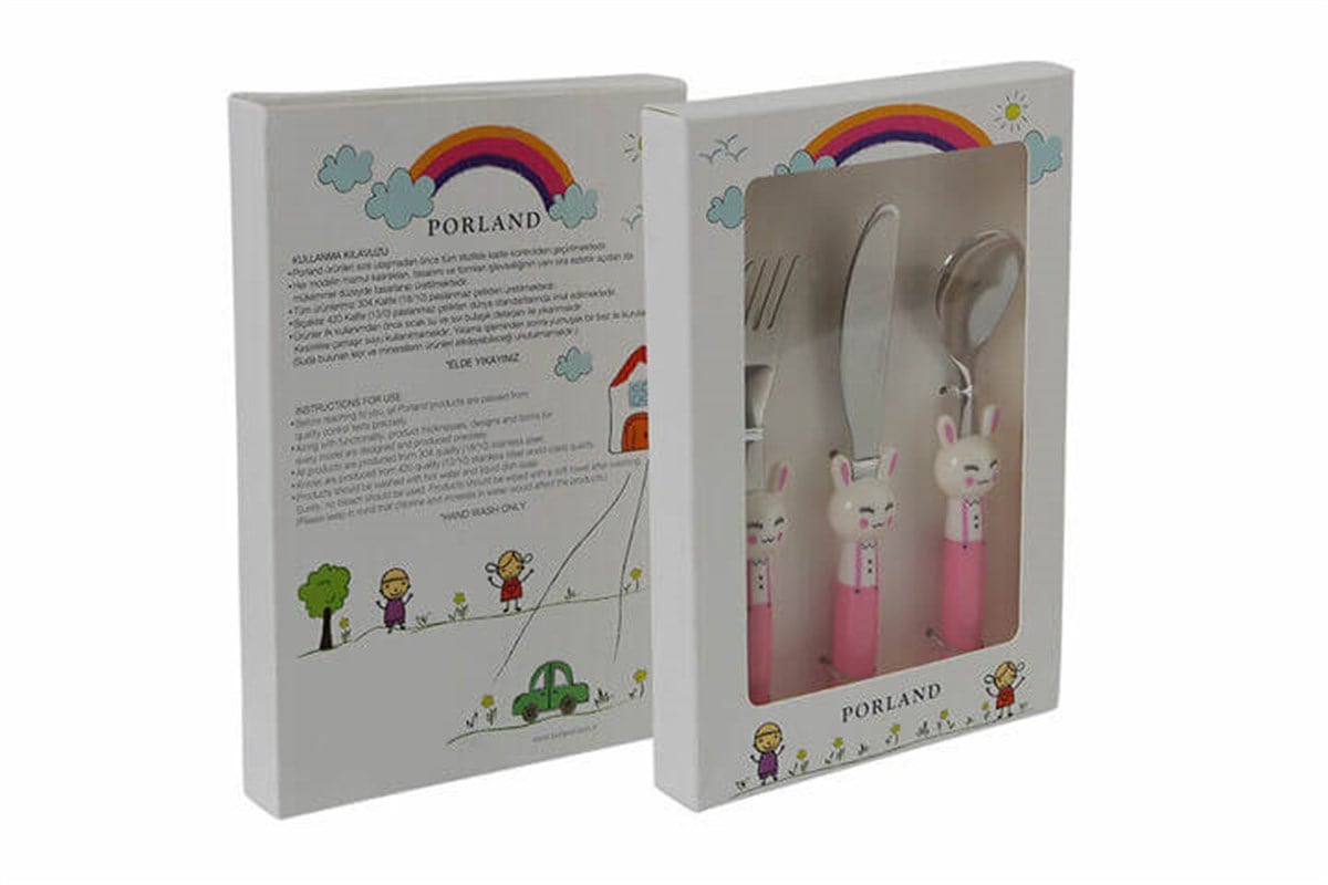 Porland Mini Rabbit Pembe Çocuk Çatal Kaşık Bıçak Takımı 3 Parça