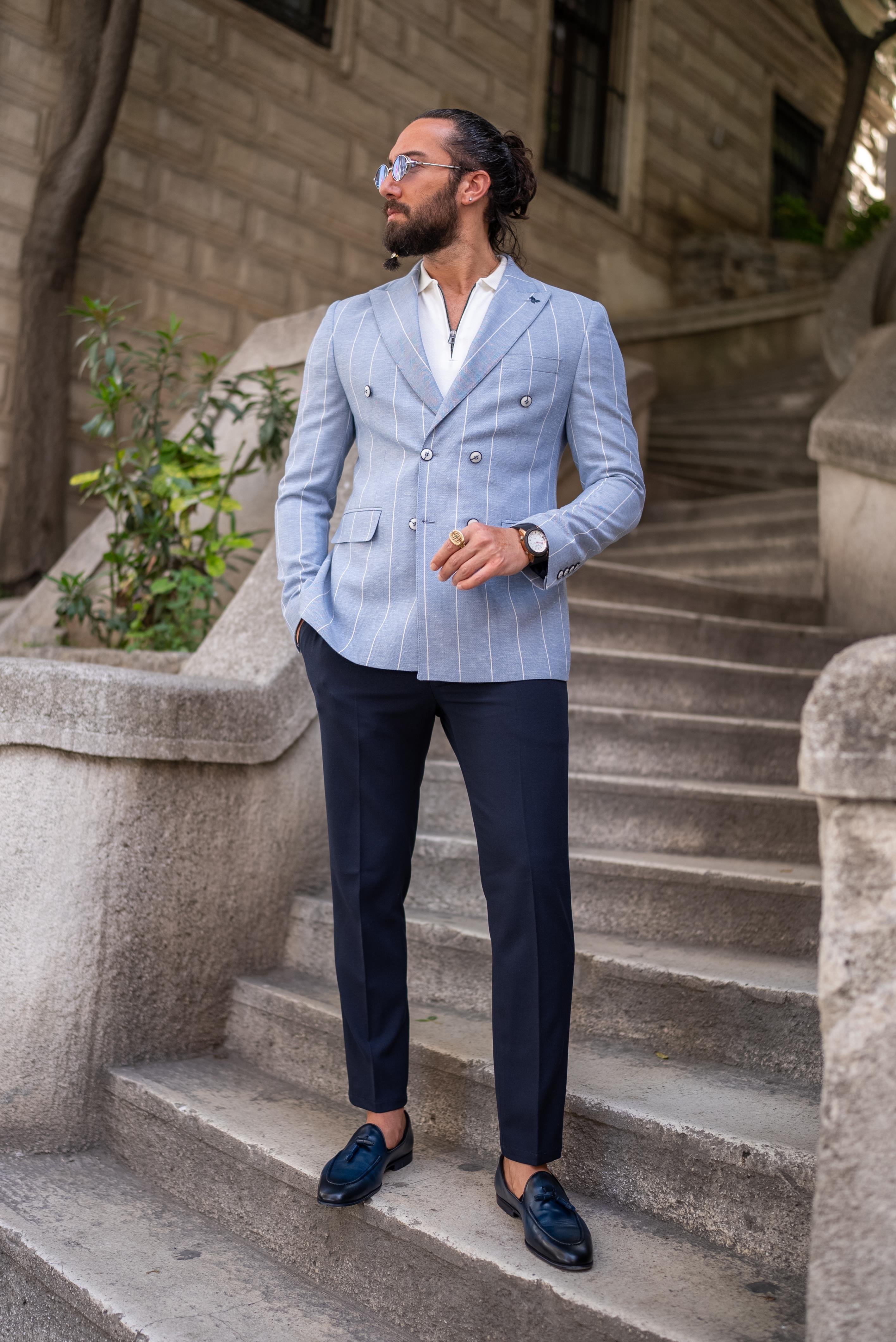 Çizgili Slim Fit Kruvaze Erkek Ceket Mavi ürünü DIŞ GİYİM kategorisinde sizleri bekliyor.
