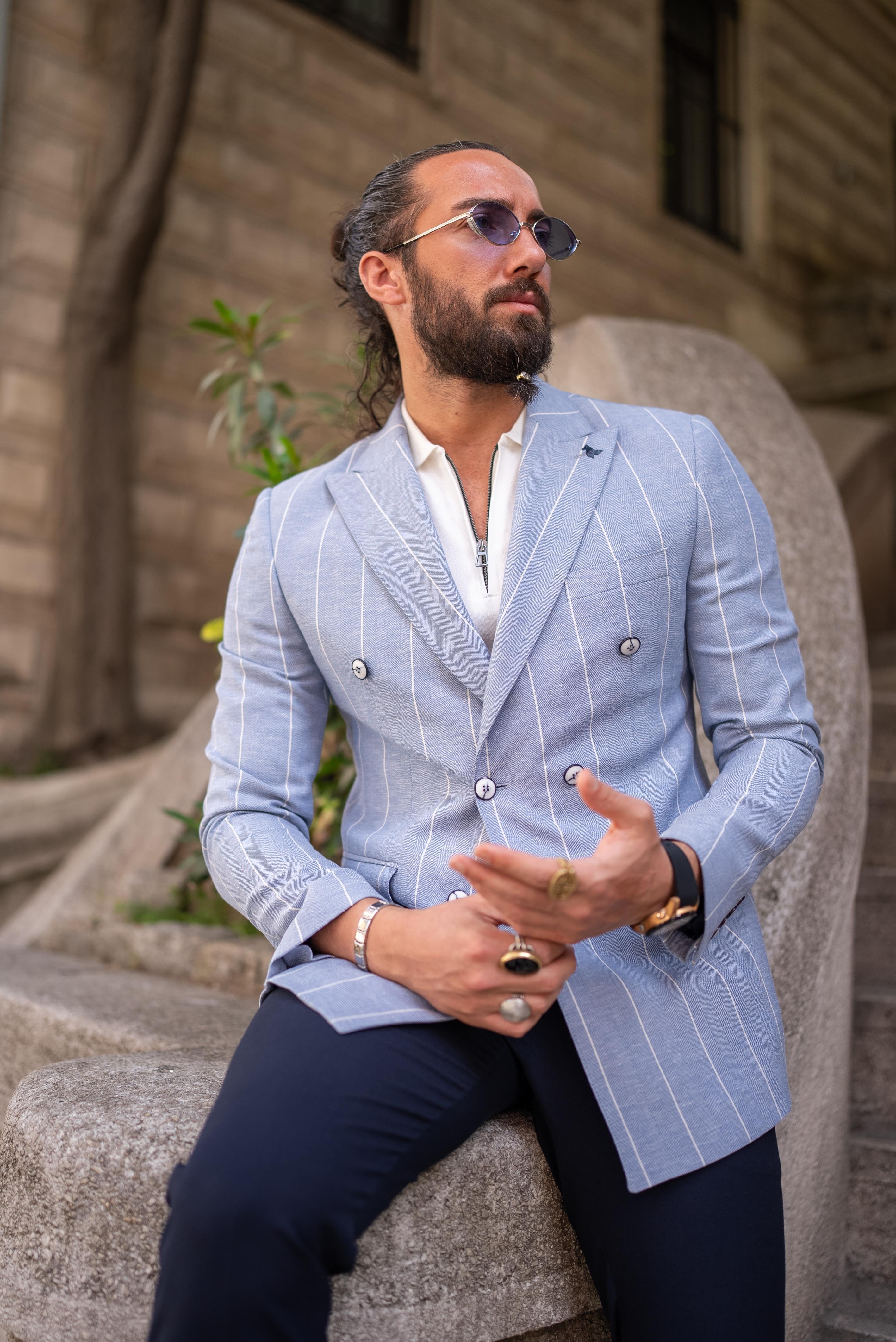 Çizgili Slim Fit Kruvaze Erkek Ceket Mavi ürünü DIŞ GİYİM kategorisinde sizleri bekliyor.