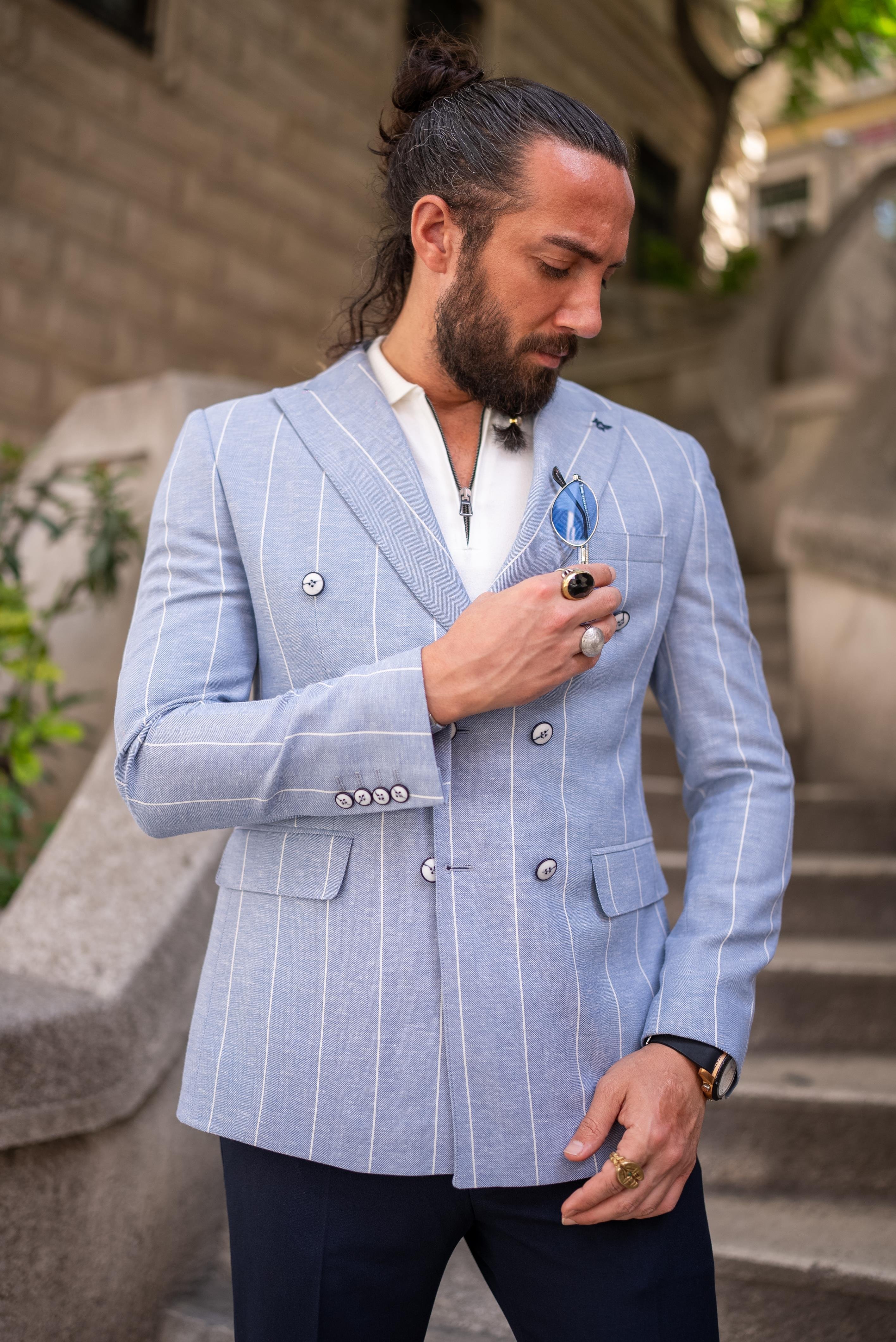 Çizgili Slim Fit Kruvaze Erkek Ceket Mavi ürünü DIŞ GİYİM kategorisinde sizleri bekliyor.