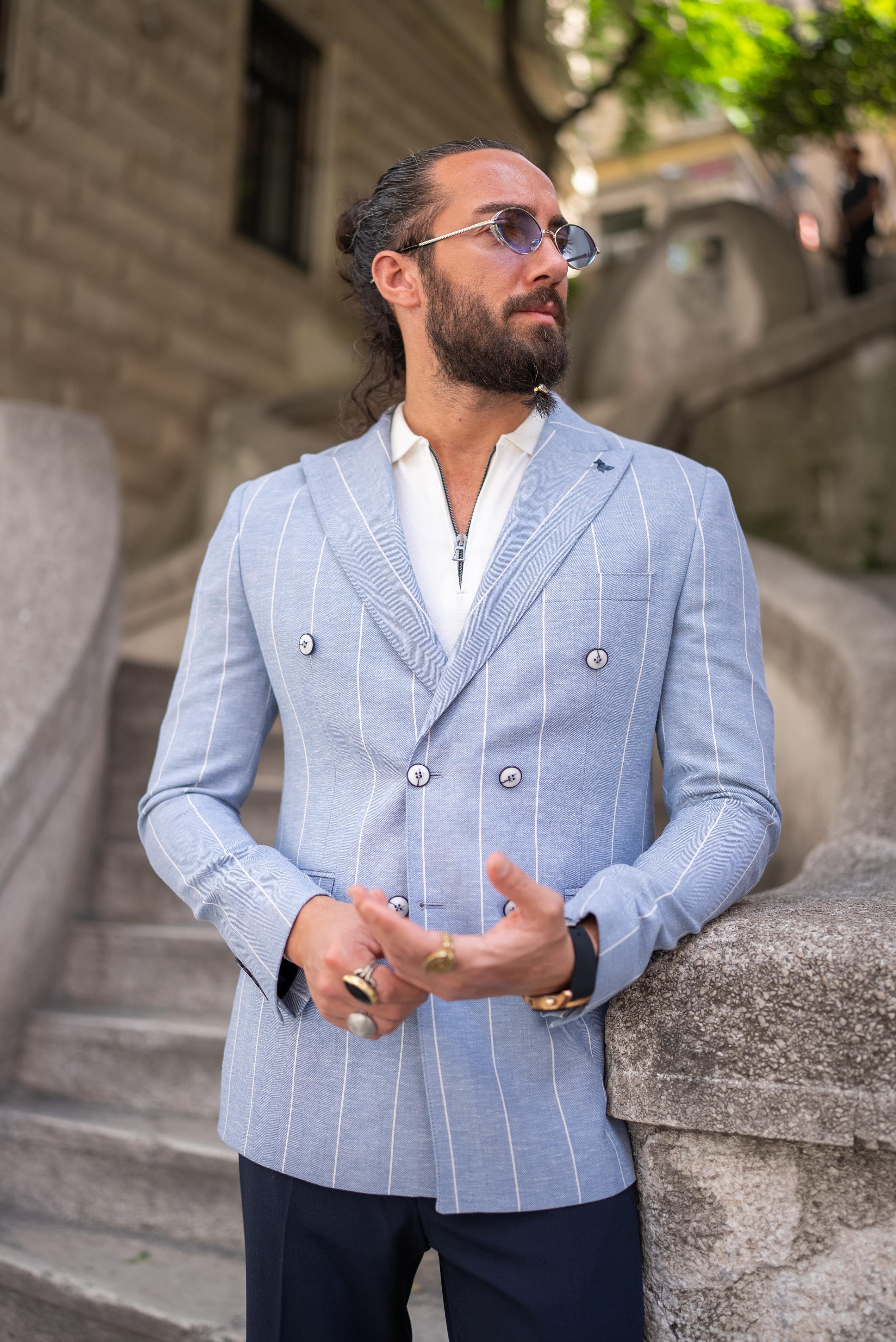 Çizgili Slim Fit Kruvaze Erkek Ceket Mavi ürünü DIŞ GİYİM kategorisinde sizleri bekliyor.