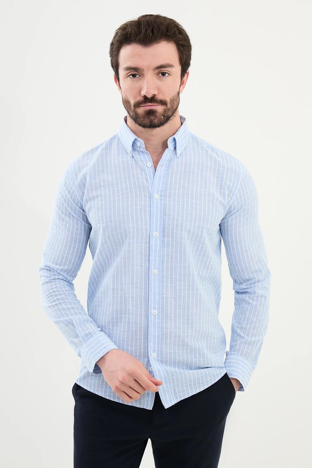 Çizgili Slim Fit Uzun Kollu Keten Erkek Gömlek ürünü ÜST GİYİM kategorisinde sizleri bekliyor.