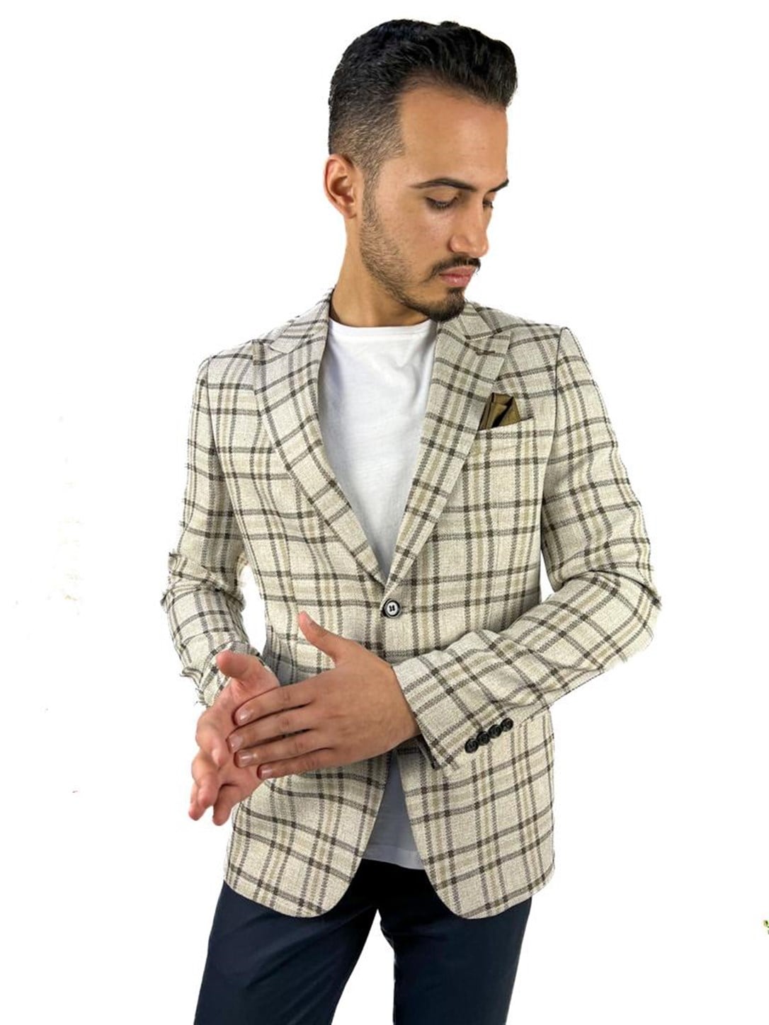Ekru Renk Ekose Blazer Tek Ceket Sivri Yaka Regular Fit | AgustiniCEKETAGUSTİNİCk1612AGUSTİNİEkru Renk Ekose Blazer Tek Ceket Sivri Yaka Regular Fit | Agustini