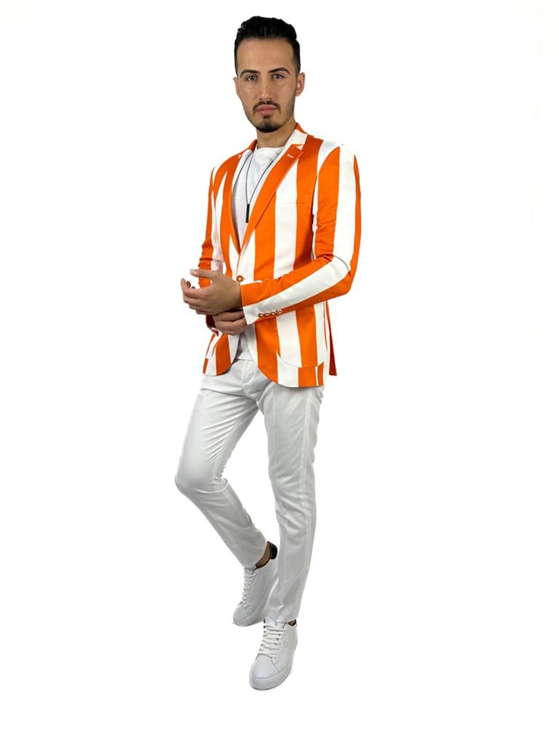 Turuncu ve Beyaz Şerit Desen Torba Cep Blazer Tek Ceket Slim Fit | AgustiniCEKETAGUSTİNİCk1617AGUSTİNİTuruncu ve Beyaz Şerit Desen Torba Cep Blazer Tek Ceket Slim Fit | Agustini