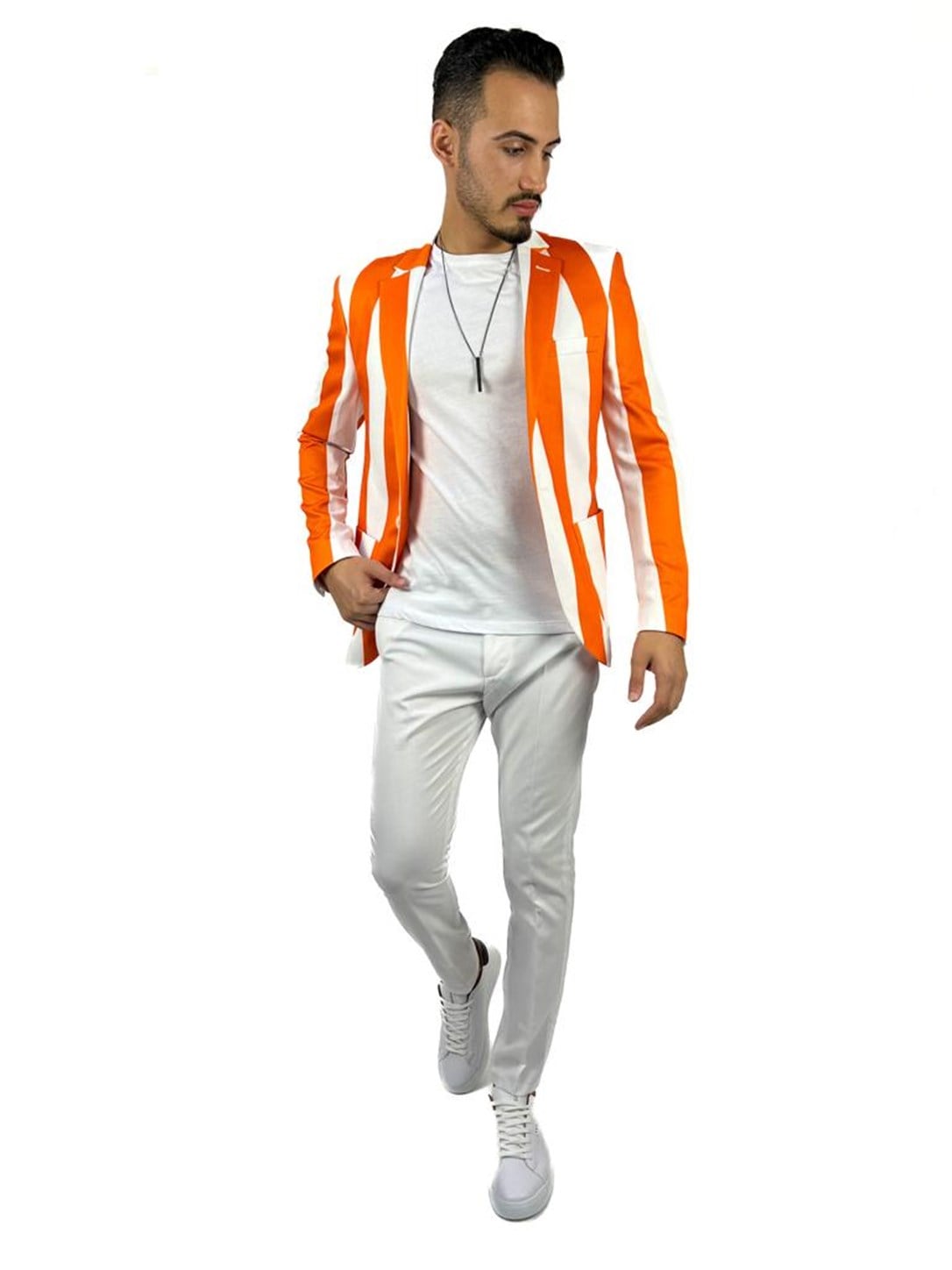 Turuncu ve Beyaz Şerit Desen Torba Cep Blazer Tek Ceket Slim Fit | AgustiniCEKETAGUSTİNİCk1617AGUSTİNİTuruncu ve Beyaz Şerit Desen Torba Cep Blazer Tek Ceket Slim Fit | Agustini