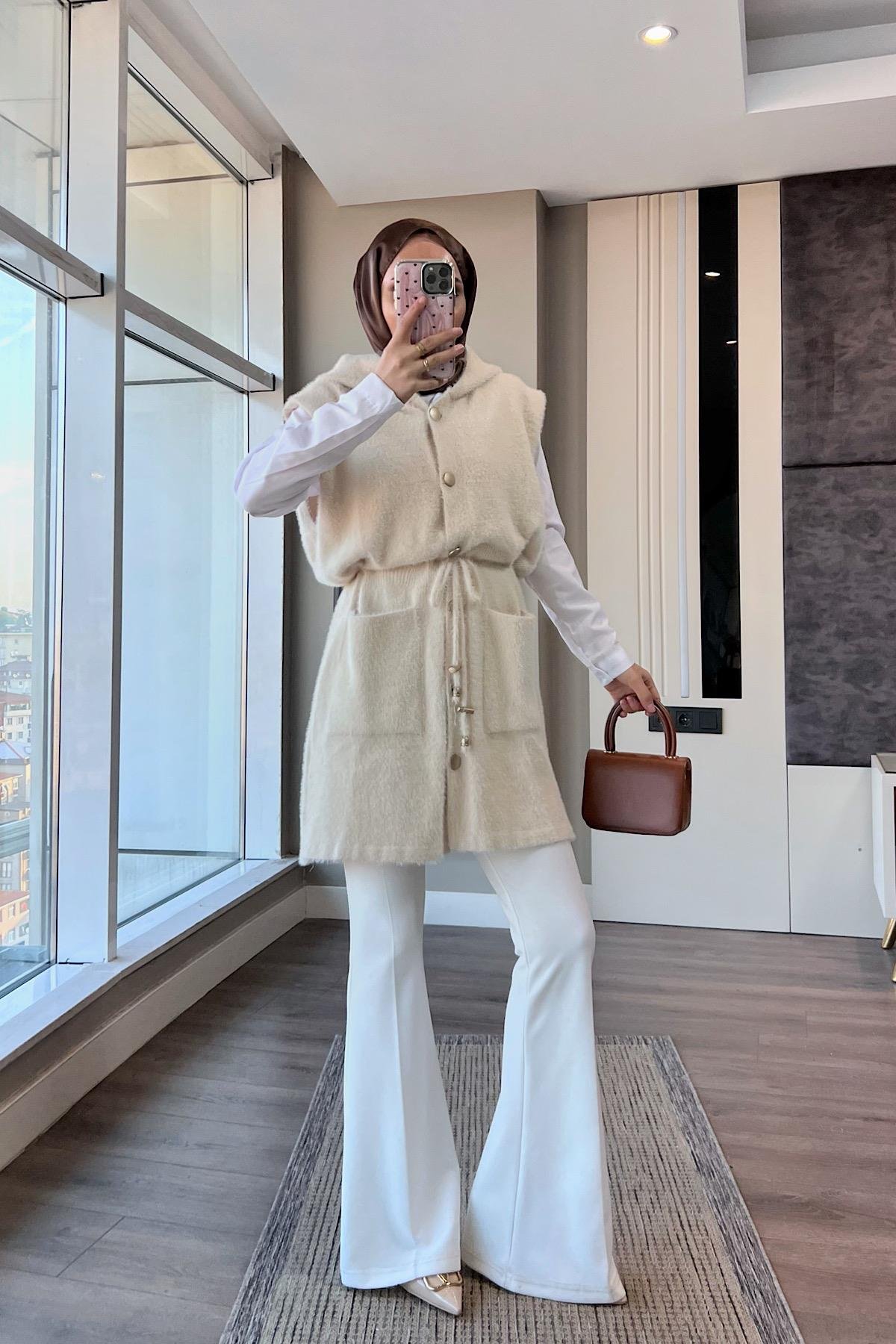 Kapüşonlu Yumoş Yelek KremDubaiShowroomDIŞ GİYİM25146-Krem