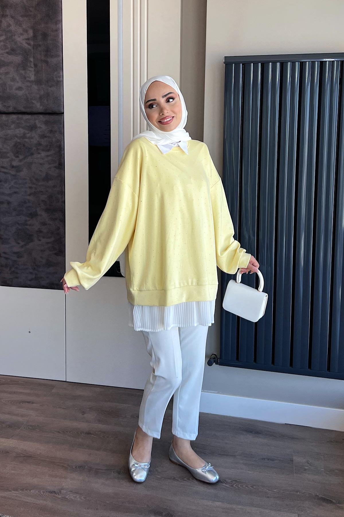 Kendinden Pileli Taşlı Sweat SarıDubaiShowroomSWEAT01069