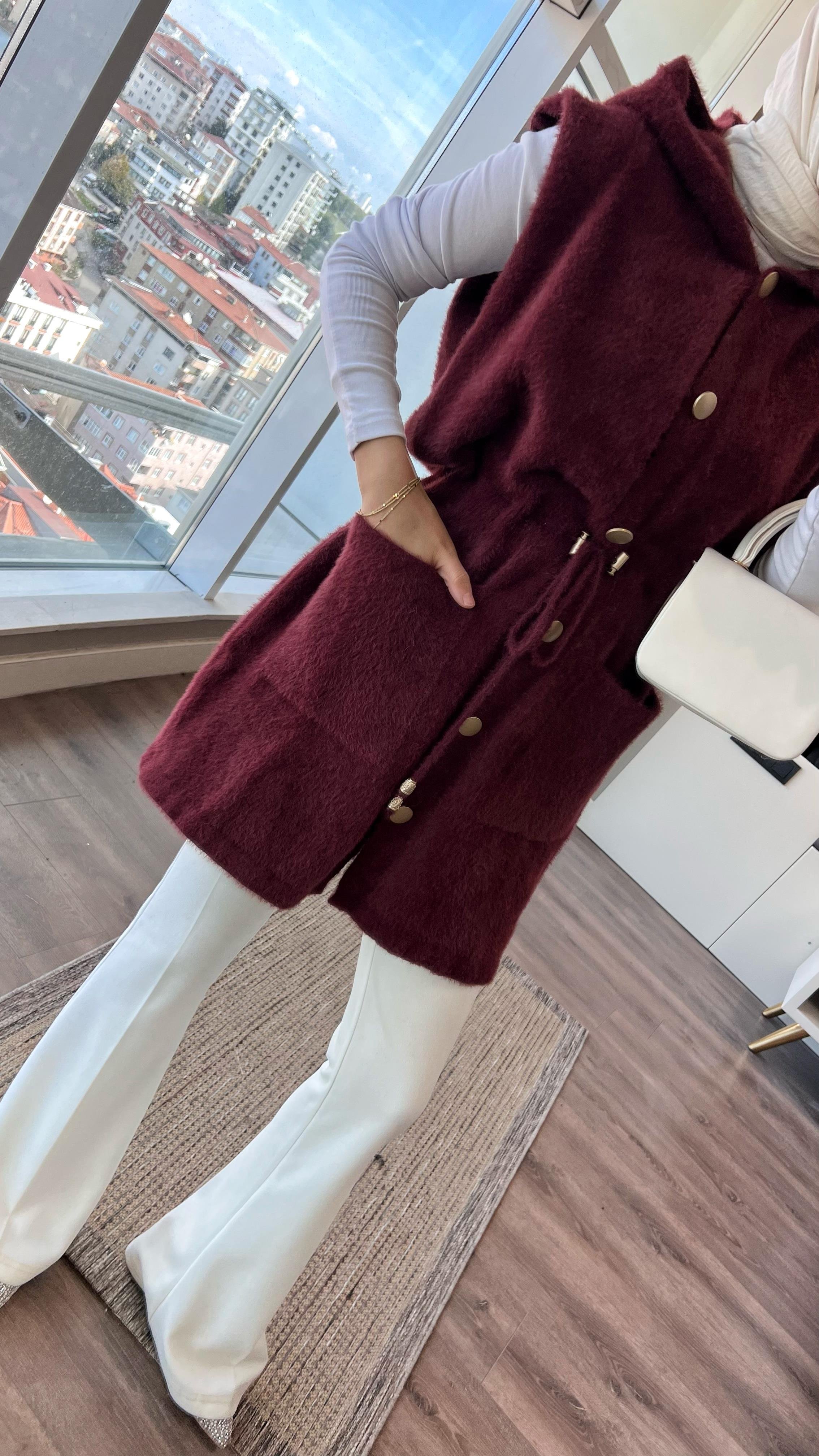Kapşonlu Yumoş Yelek BordoDubaiShowroomDIŞ GİYİM25146