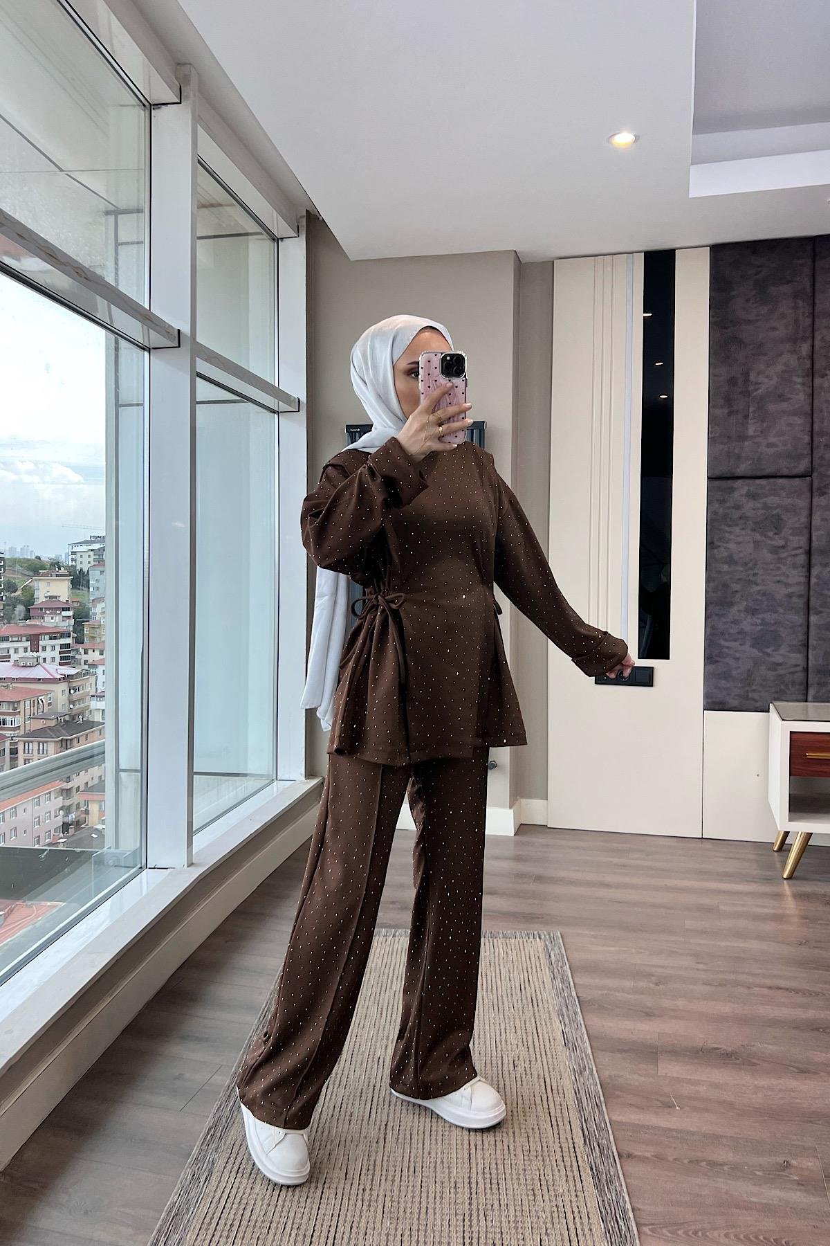 Yandan Bağcıklı Taşlı Oysho Takım Kahverengi DubaiShowroomTAKIM01039