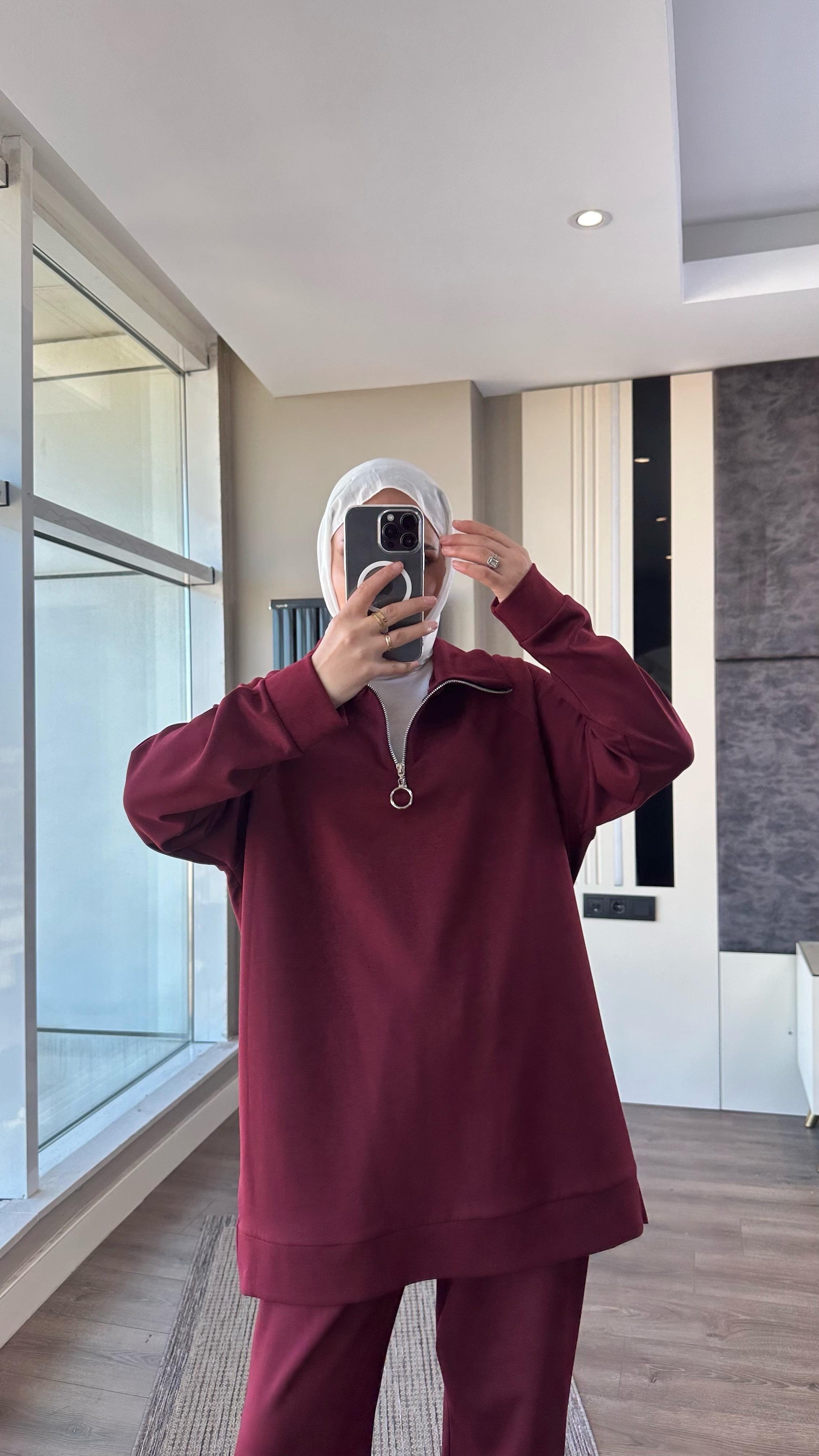 Yakası Fermuarlı Takım BordoDubaiShowroomTAKIM01020