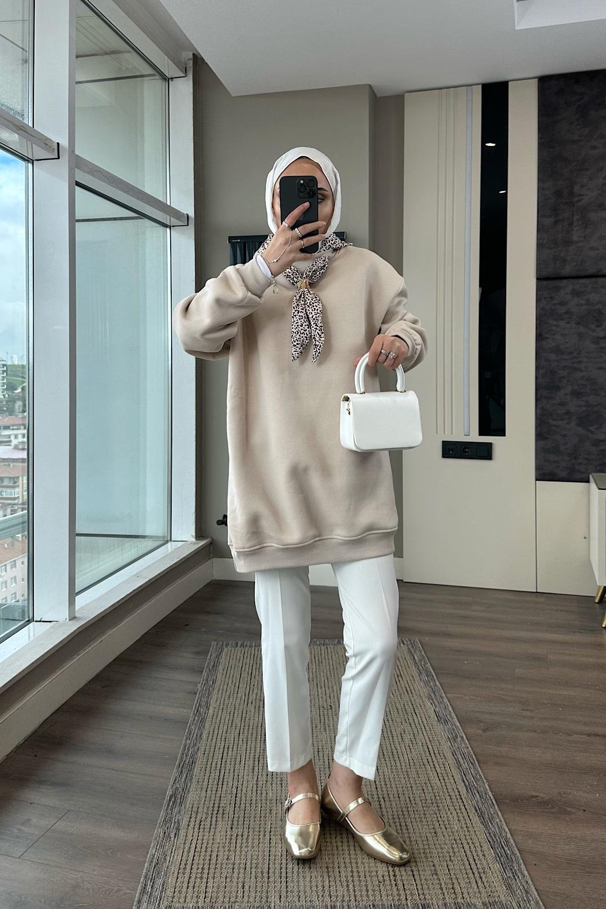 Fular Detaylı Üç iplik sweat BejDubaiShowroomÜST GİYİM08580