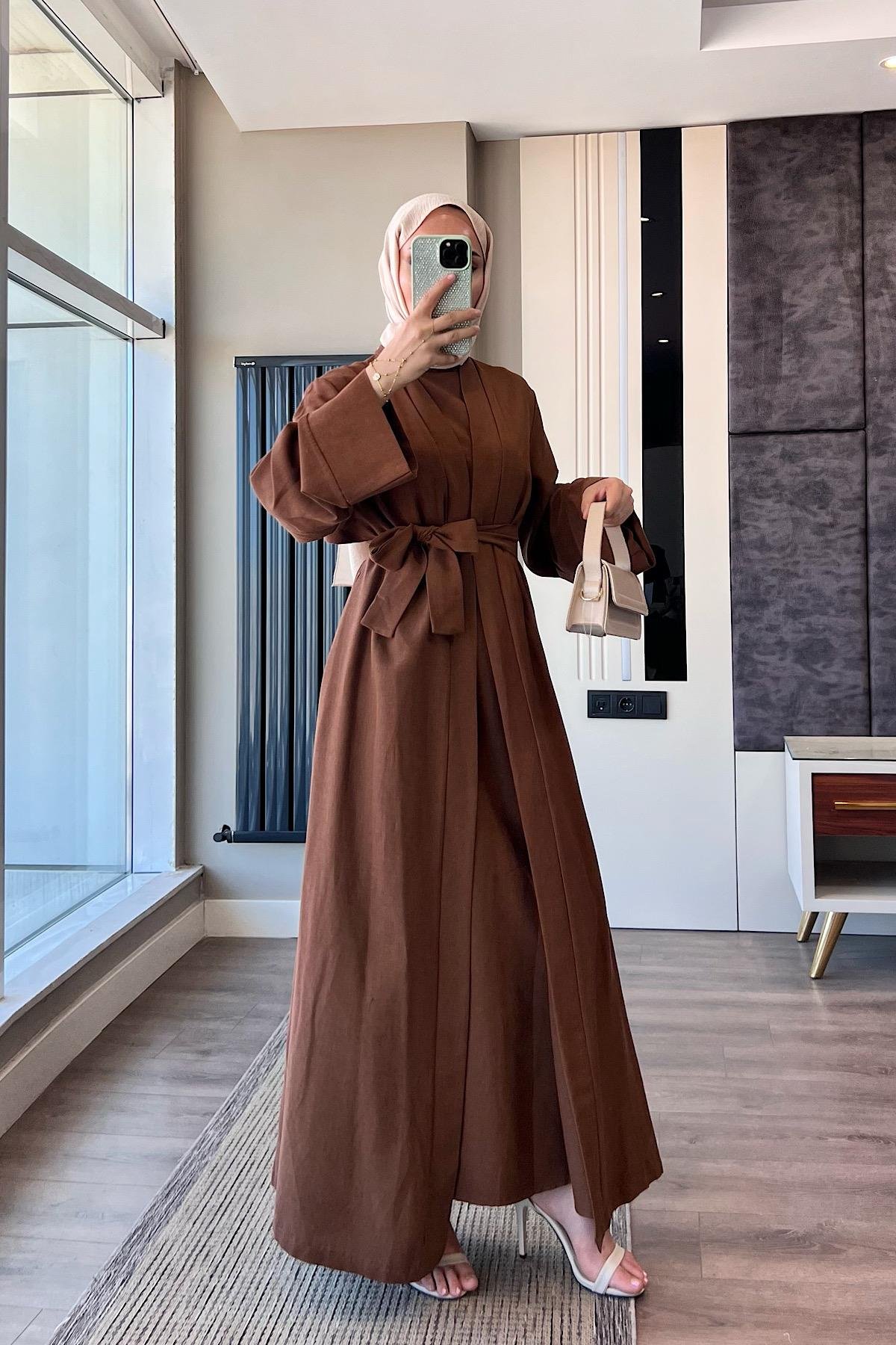 İçi Sıfır Kol İkili Abaya TakımTarçınDubaiShowroomELBİSELER049190-TRÇN