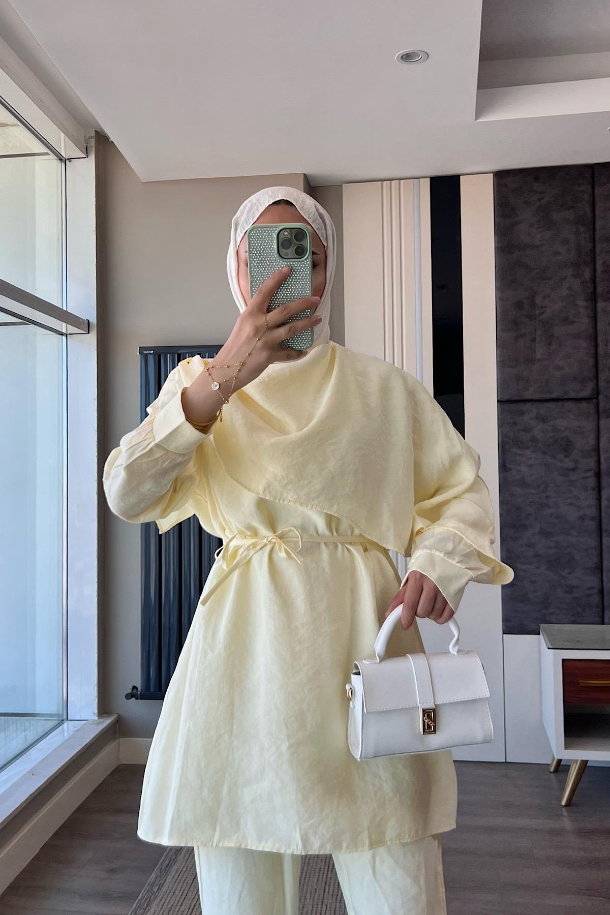 Omuz Şal Atkı Detay Takım SarıDubaiShowroomTAKIM07426-SARI