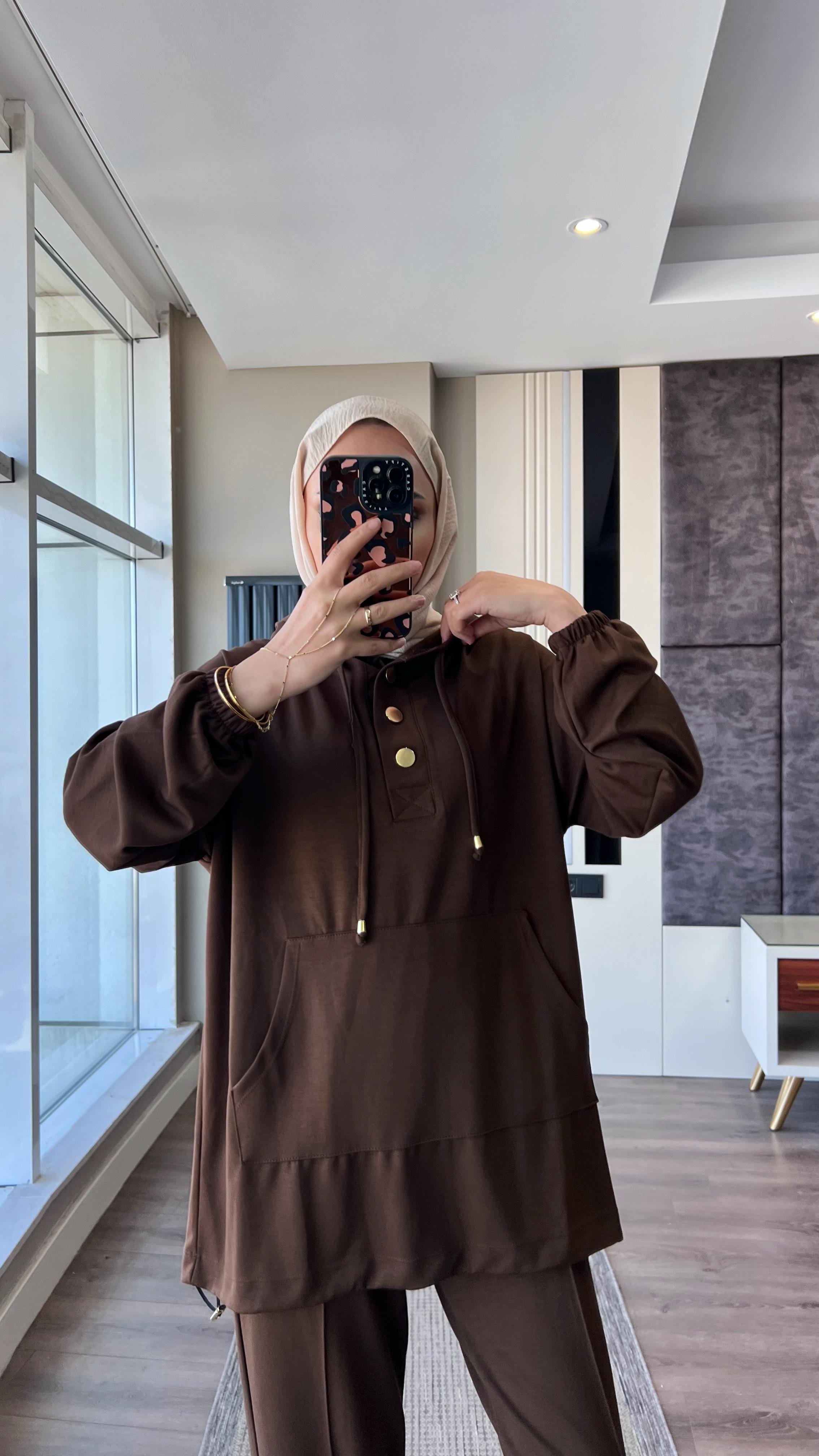 Kapşonlu Oysho Takım Kahverengi DubaiShowroomTAKIM19143