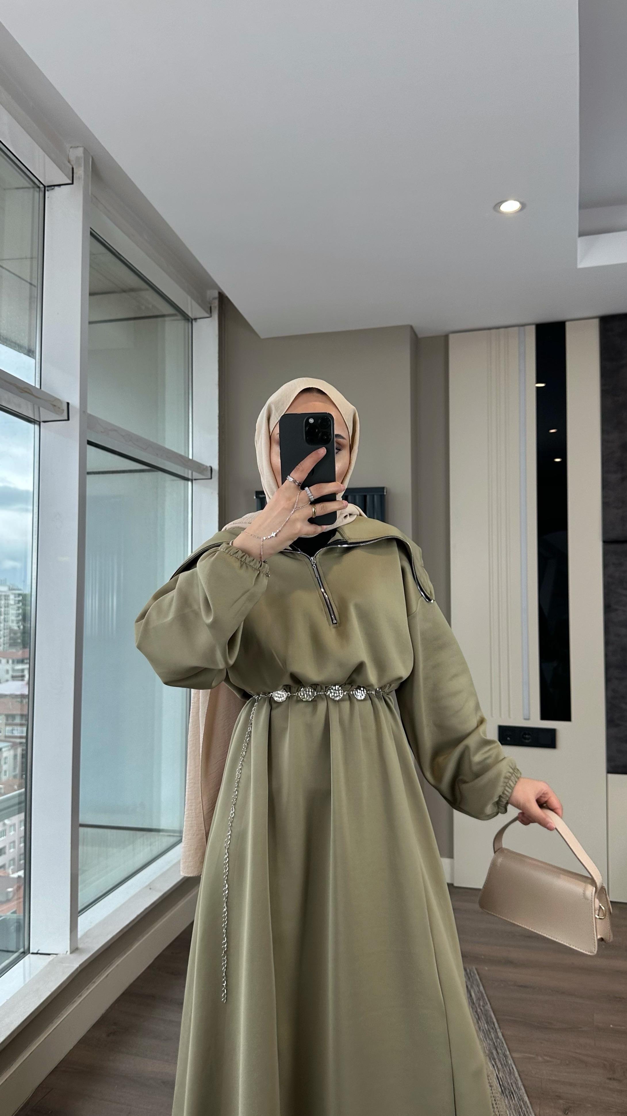 Yakası Geniş Skuba Elbise YeşilDubaiShowroomELBİSELER01053