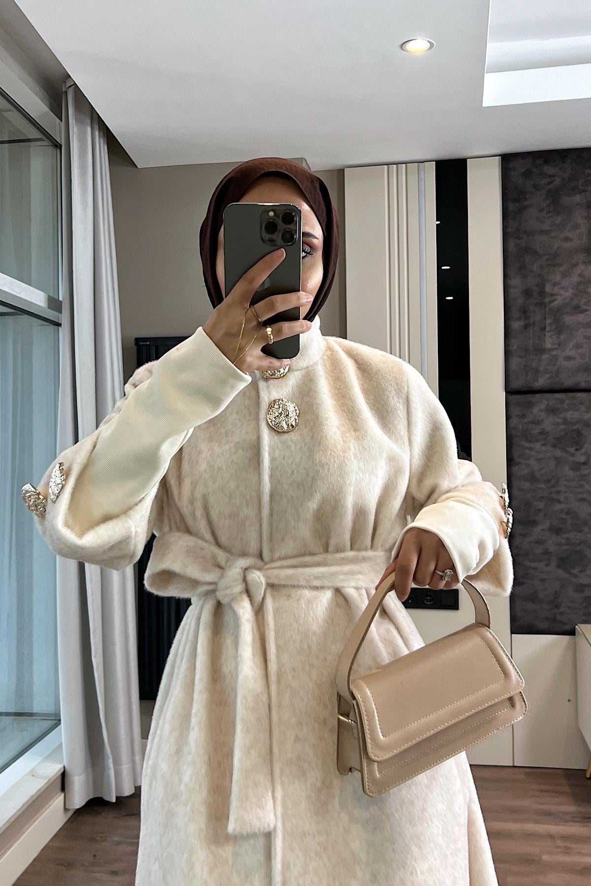 Kol Ribanalı Angora Kaban KremDubaiShowroomDIŞ GİYİM09159